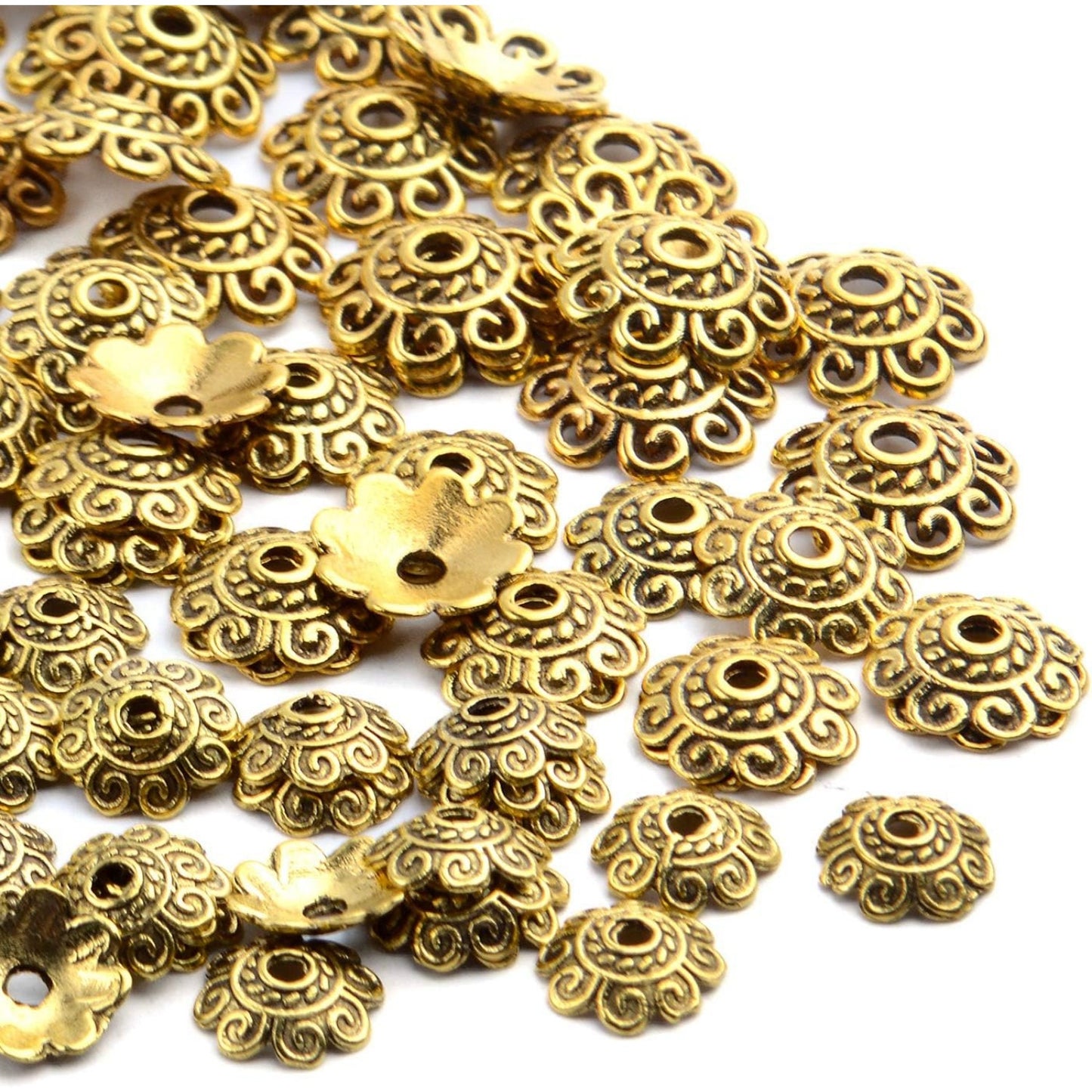 200pcs 8mm/10mm/12mm Bead Caps Spacer Beads Flower Bead Caps Jewelry DIY Findings for Necklace Bracelet Making,Antique Gold