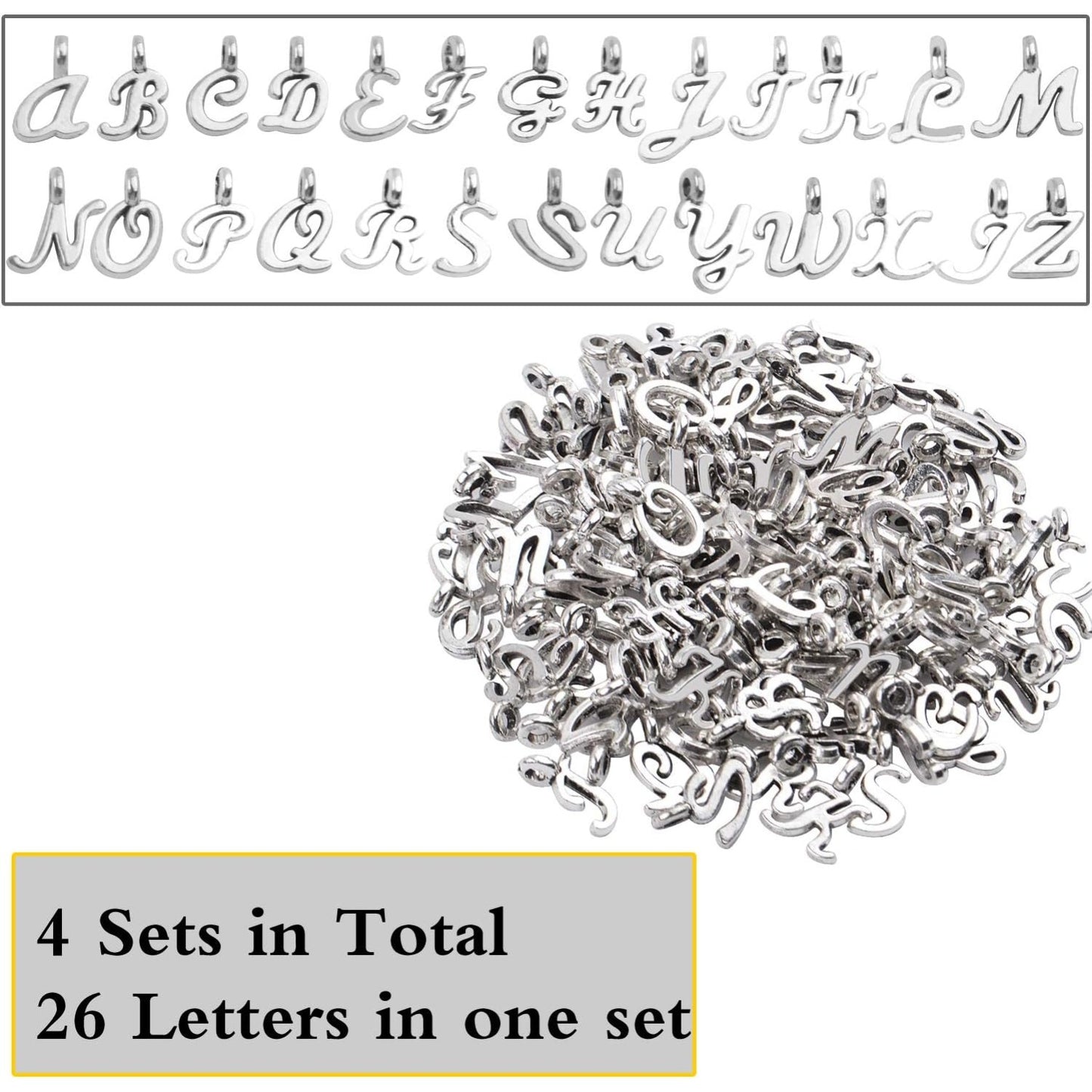Letter Charms Collection, 4 Sets(104 pieces) Alloy Alphabet A-Z Charms English Letters Pendants Jewelry Findings for DIY Bracelet Necklace