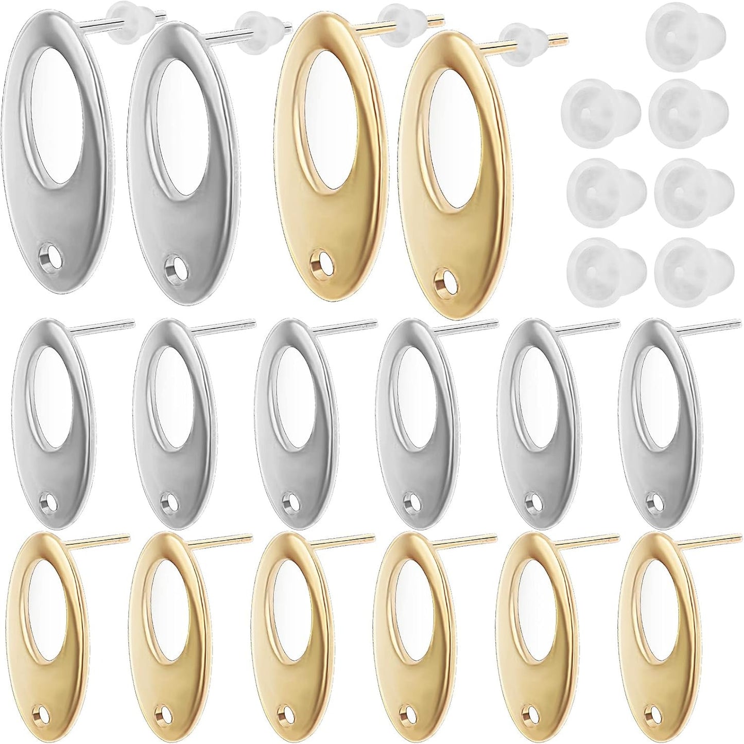 20pcs Oval Earring Posts with Hole Stainless Steel Stud Earrings Ear Pins Components Findings and 20pcs Clear Earring Backs for DIY Jewelry Making Birthday Party Gifts
