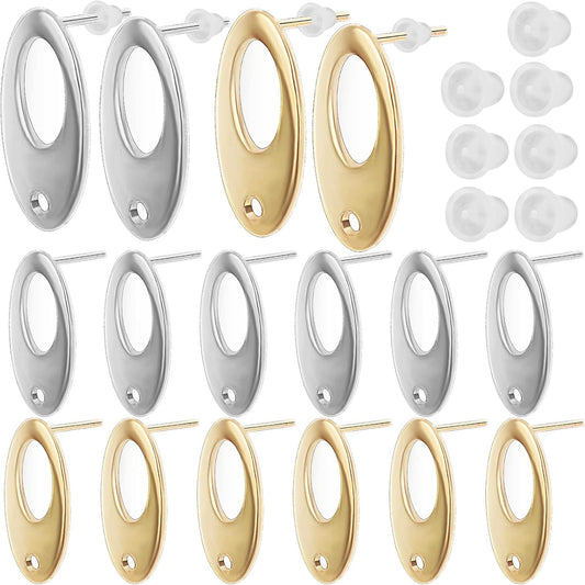 20pcs Oval Earring Posts with Hole Stainless Steel Stud Earrings Ear Pins Components Findings and 20pcs Clear Earring Backs for DIY Jewelry Making Birthday Party Gifts