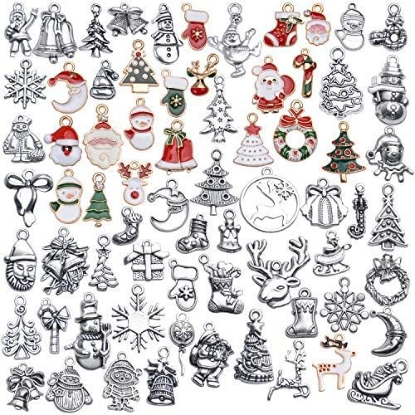 70 Pieces Christmas Charms Pendants Enamel Alloy Christmas Snowflake Tree Snowman Stocking Bell Deer Charms for DIY Earrings Necklace Bracelet Jewelry Making