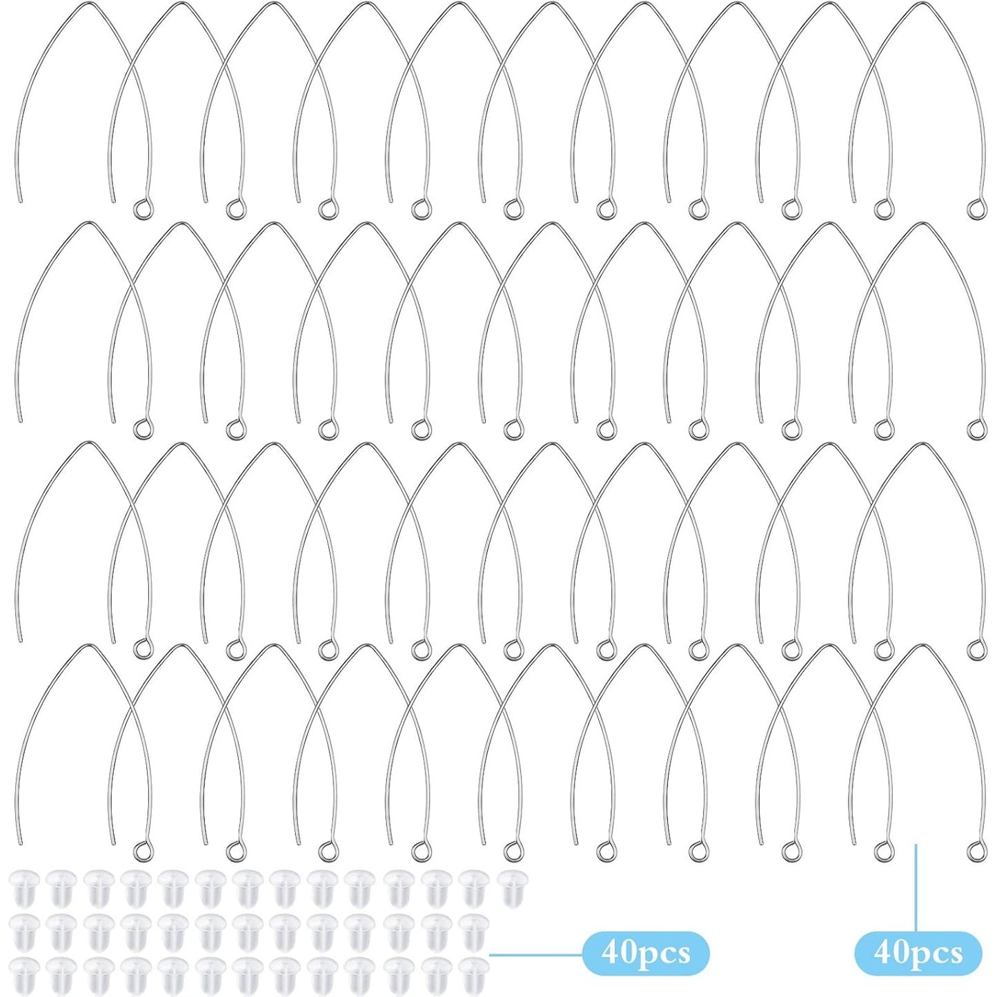 40pcs Stainless Steel Ear Wire V-Shaped Earring Hooks Hypoallergenic Earring Hooks Components and 40pcs Clear Ear Backs for DIY Dangle Earrings Jewelry Making, Silver