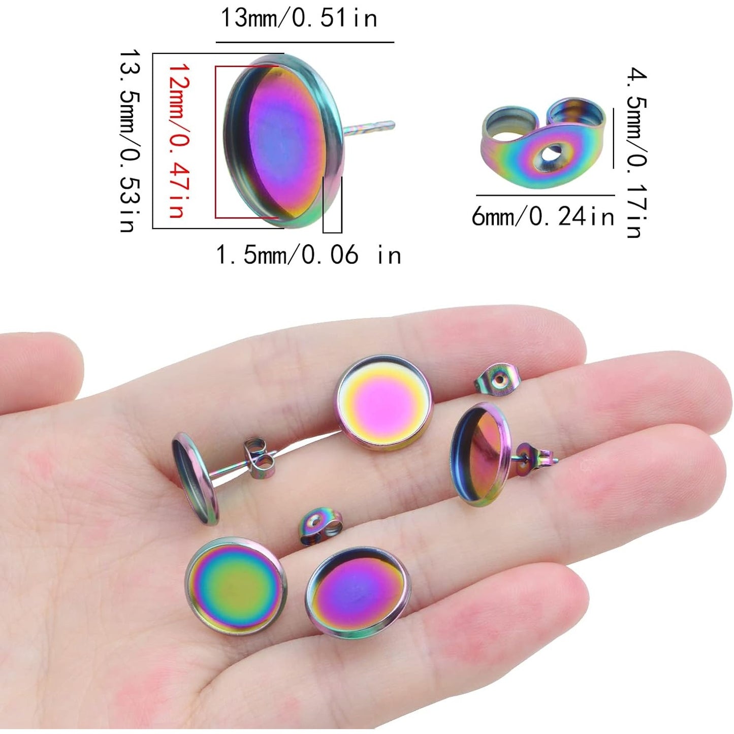 50pcs Stainless Steel Stud Earring Cabochon Settings Flat Round Blank Bezel Earring Post Cup fit for 12 mm Cabochon with 50pcs Butterfly Earring Backs for DIY Jewelry Making, Rainbow Color
