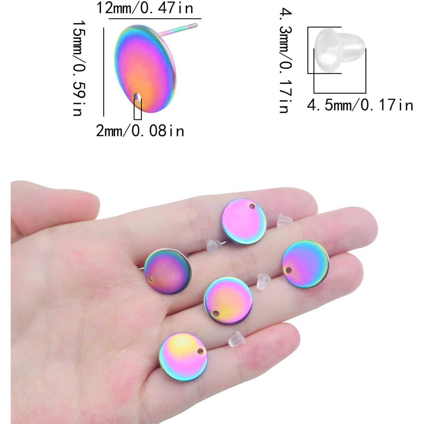 40pcs Stainless Steel Earring Posts with Loop Blank Round Stud Earring Findings and 40pcs Clear Earring Backs Stoppers for DIY Jewelry Making Supplies, Rainbow Color