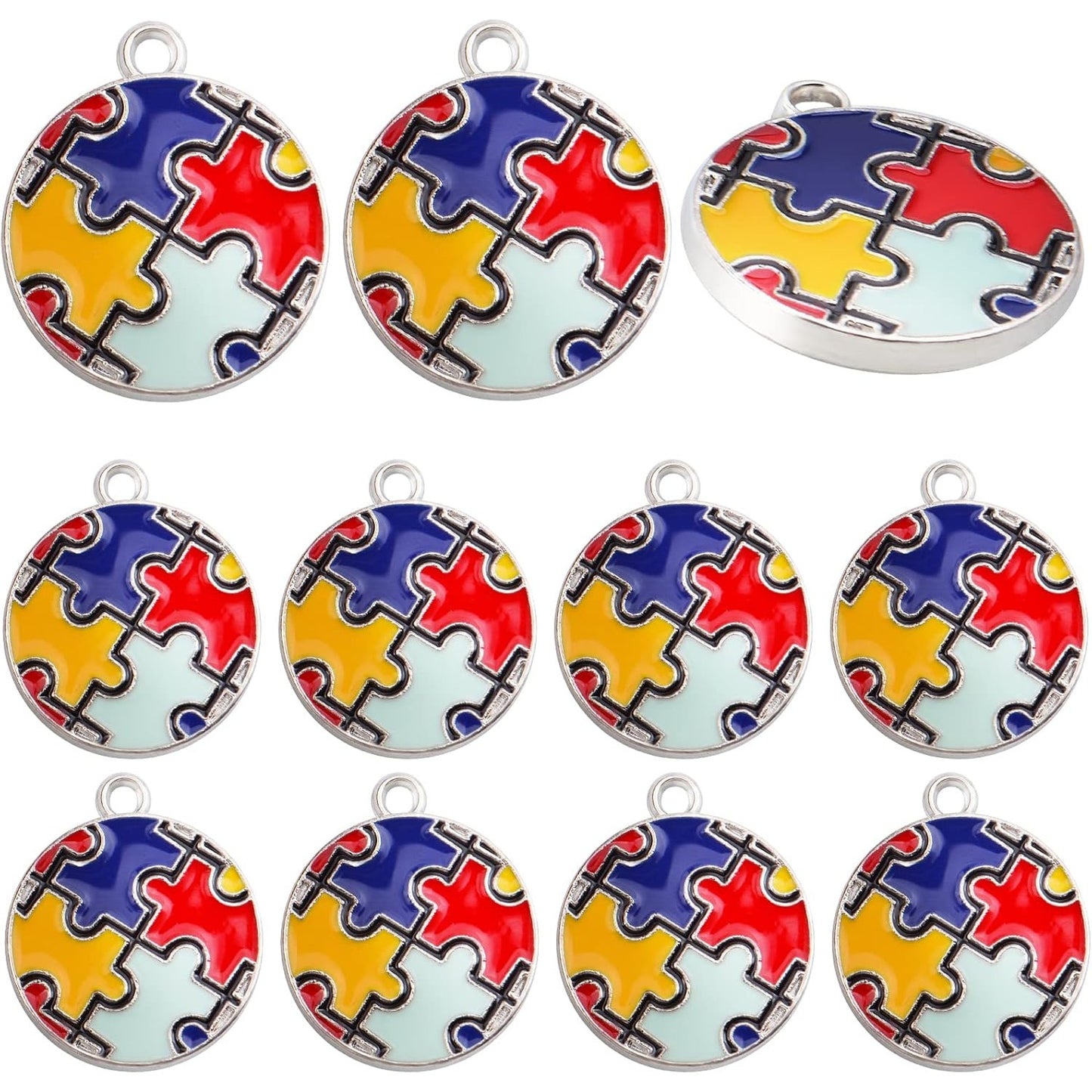 20pcs Autism Charms Pendants Ribbon Heart Round Square Cross with Puzzle Shape Charms Enamel Colorful Enamel Autistic Awareness Pendants for DIY Necklace Bracelet Earrings Jewelry Making Supplies