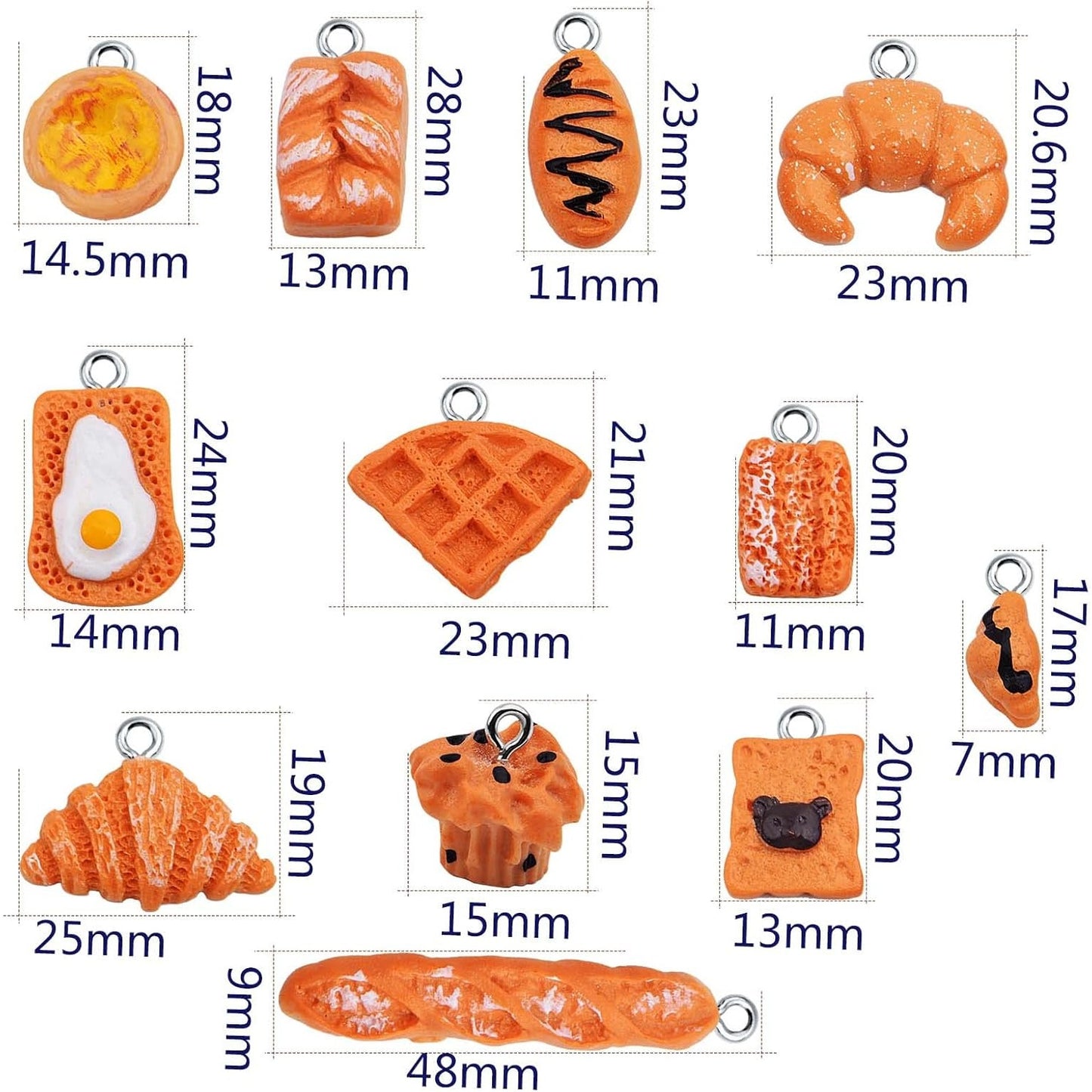 24pcs Mixed Imitation Food Charms Resin Loaf Bread Baking Baguette Cake Croissant Waffle Egg Tart Dangle Pendants Ornament for DIY Necklace Keychain Jewelry Making