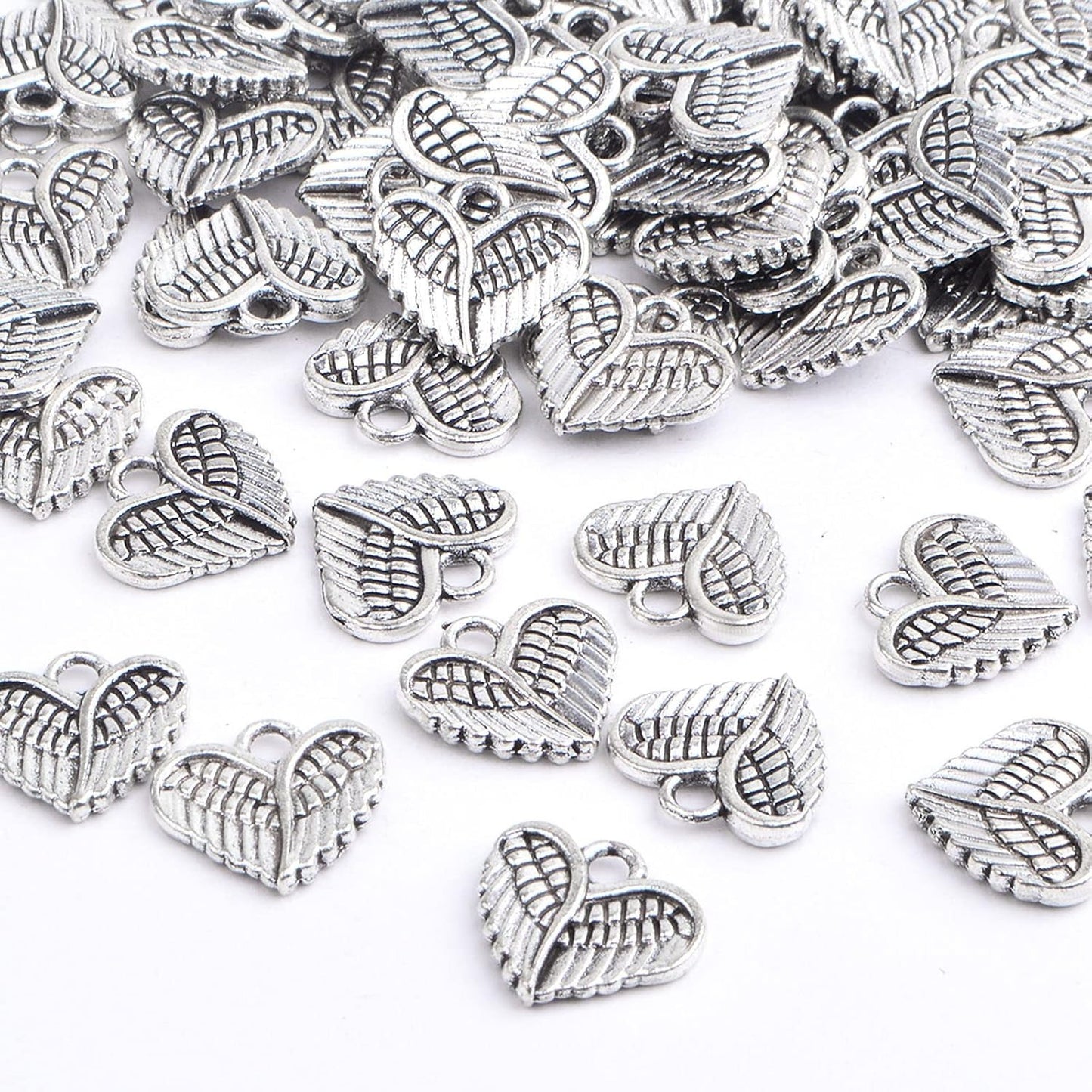 100pcs Antique Silver Angel Wings Feathers Charms Vintage Alloy Heart Shape Angel Wing Dangle Pendants for DIY Bracelet Necklace Jewelry Making Supplies Gifts