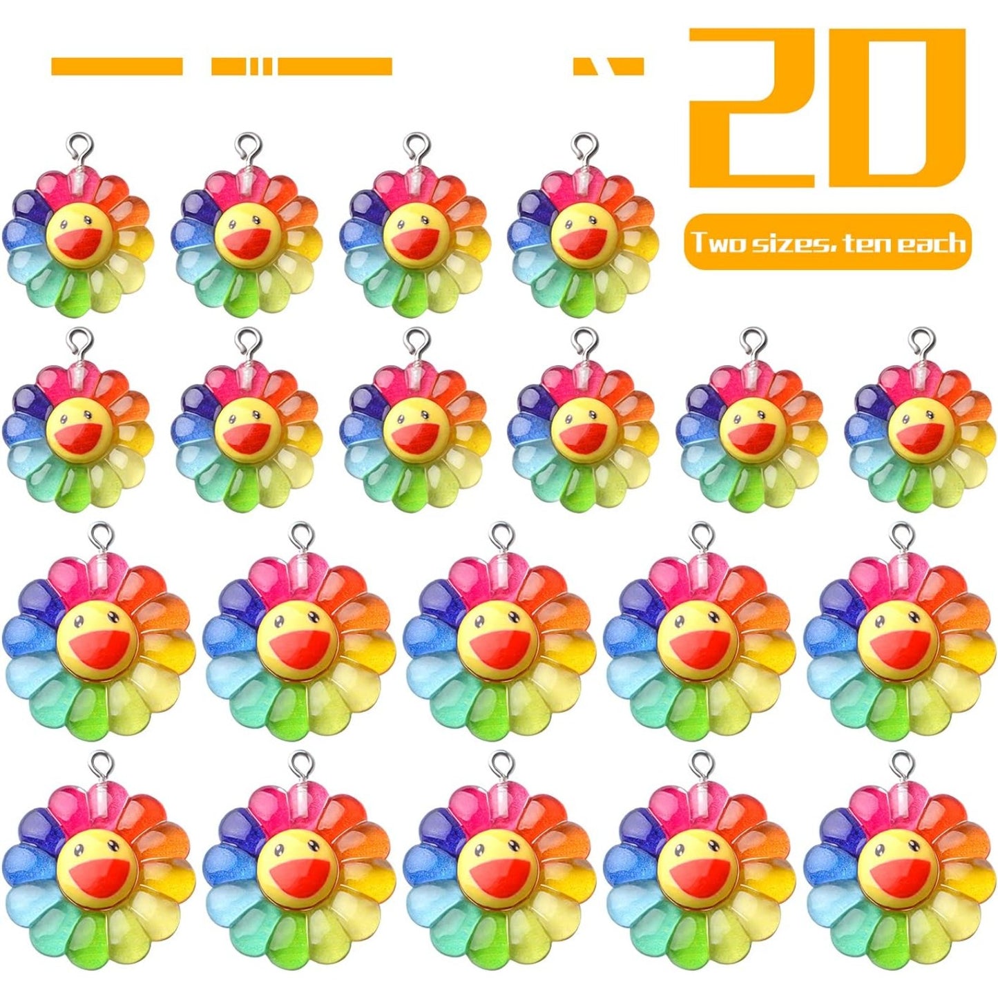 Sunflower Pendants, 20pcs Resin Rainbow Flower Charms & Smiley Face Cabochons for DIY Jewelry, 2 Sizes