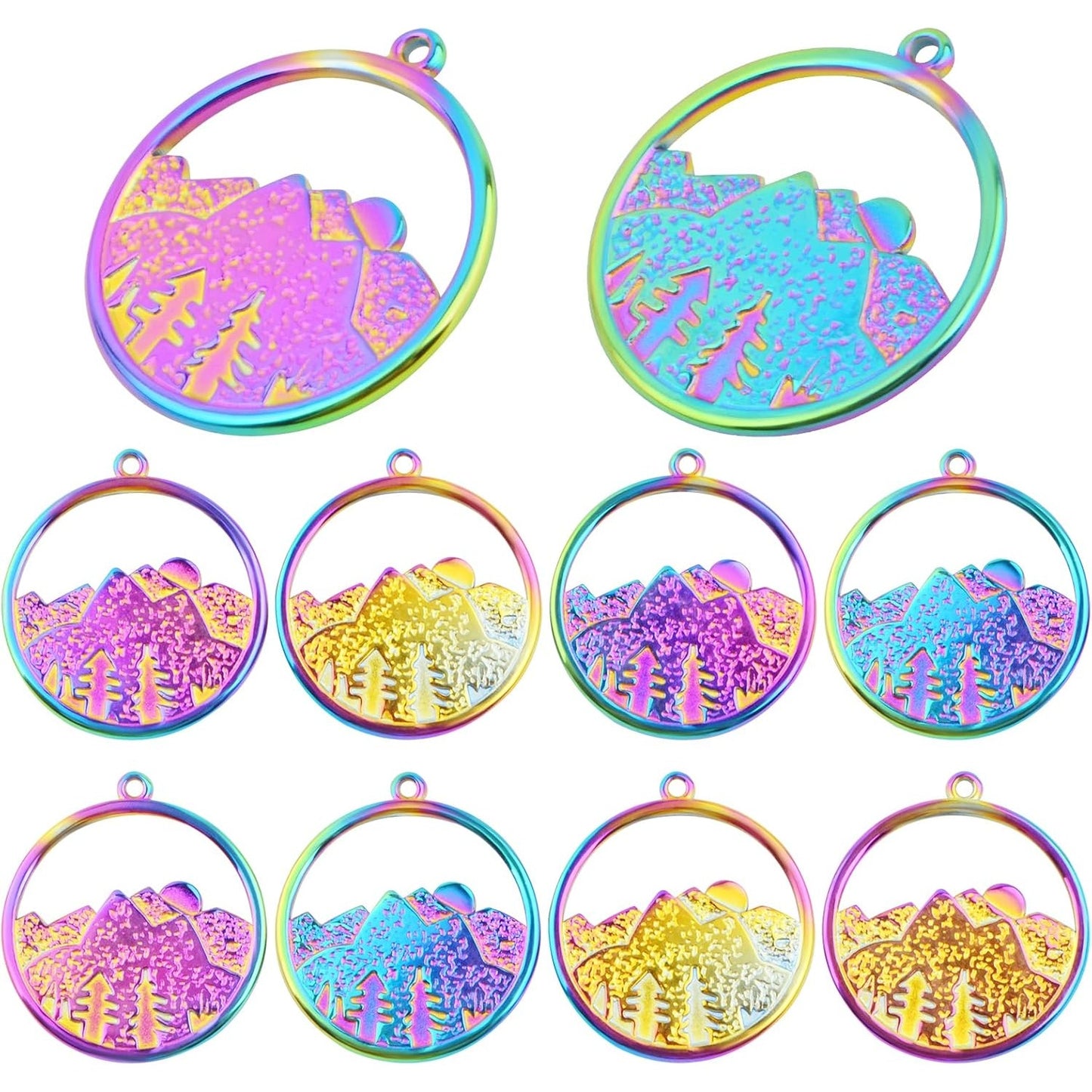 10pcs Stainless Steel Round Mountain Range Ocean Charms Hypoallergenic Hollow Sea Mountain Dangle Pendants for DIY Necklace Bracelet Jewelry Making Supplies, Rainbow Color