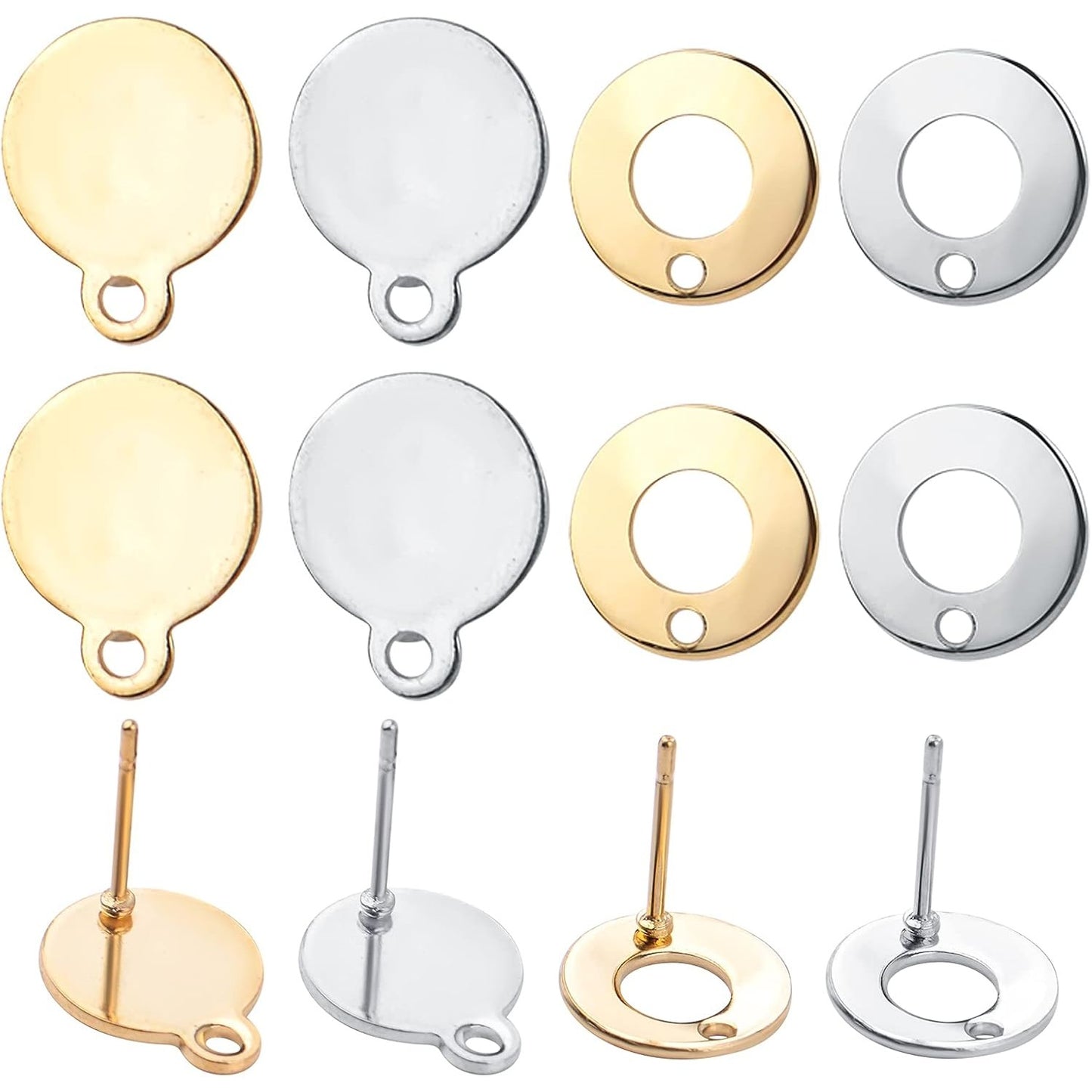40pcs Stainless Steel Stud Earrings Round Rondelle Blank Earring Post Pins with Loop Hole and 40pcs Butterfly Earring Backs for DIY Jewelry Making Findings, Gold, Steel