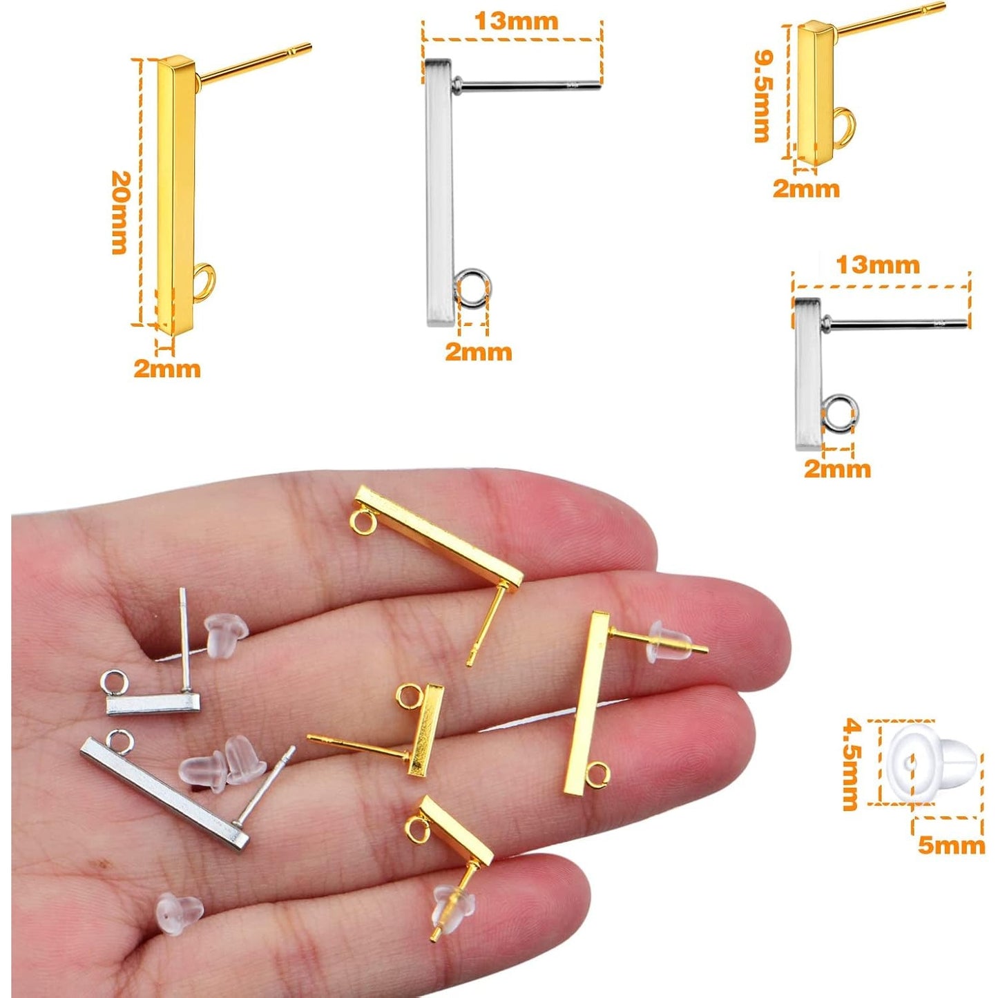 40pcs Stainless Steel Rectangle Earring Studs Hypoallergenic Bar Line Stick Earrings with Loop and 40pcs Clear Silicone Earring Backs for DIY Jewelry Making, 2 Sizes