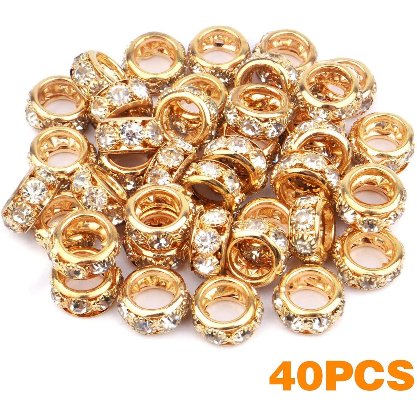 40pcs 12mm Rhinestone European Spacer Beads Diamond Crystal Charm Beads Rondelle Loose Beads with 8mm Large Hole for DIY Bracelet Crafts Jewelry Making, KC Golden