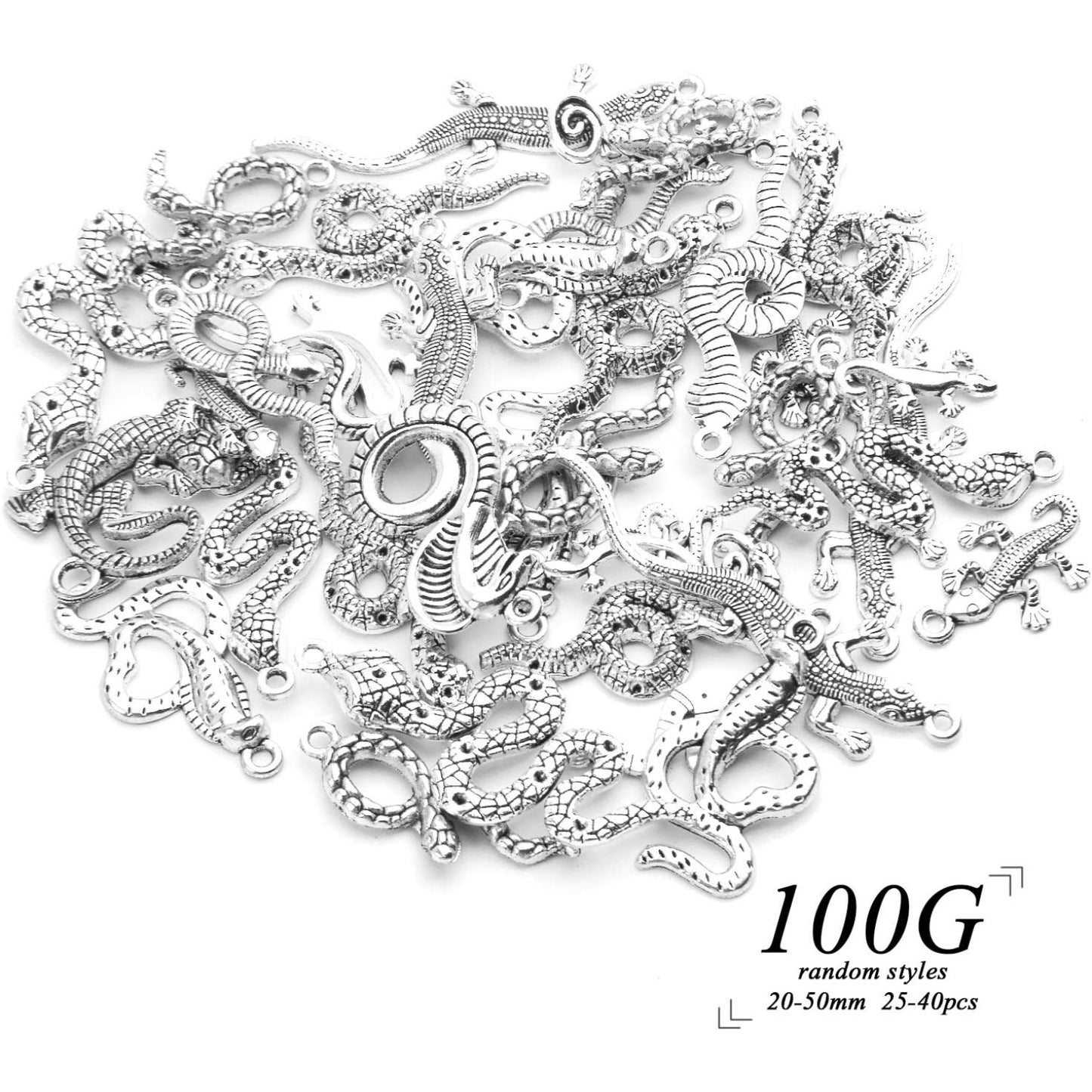 100g (About 25-40pcs) Antique Silver Snake Charms Assorted Serpent Pendants Lizard Charms Jewelry Accessories for Bracelet Necklace Earring Making