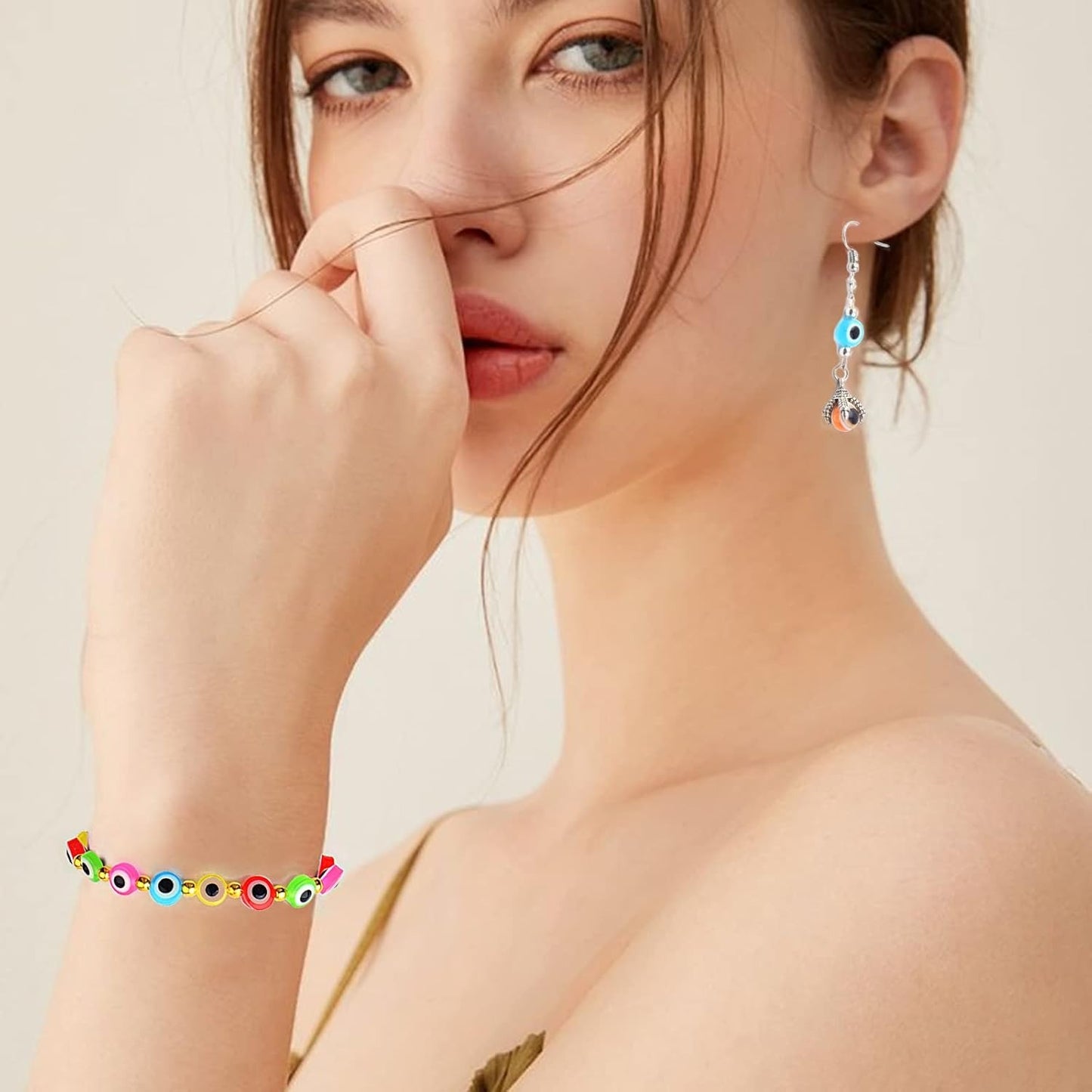 250pcs 8 mm Colorful Evil Eye Beads Round Resin Evil Eye Beads with 100pcs French Earring Hooks and 2 Roll of Crystal Thread Kits for DIY Bracelet Earrings Jewelry Making Findings
