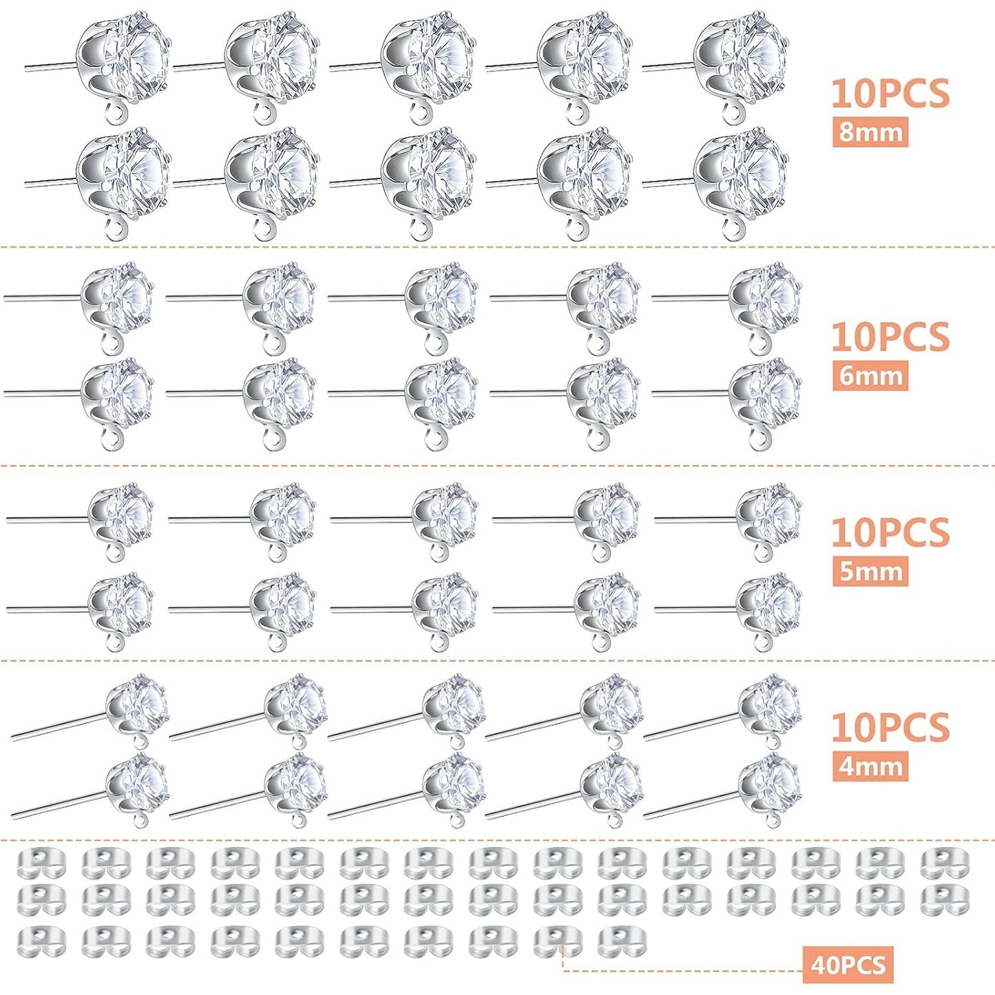 40pcs 925 Sterling Silver Cubic Zirconia Earring Studs Round Diamond Stud Earrings with Loop and 40pcs Butterfly Earring Backs for Women Men DIY Jewelry Making, 4mm/5mm/6mm/8mm