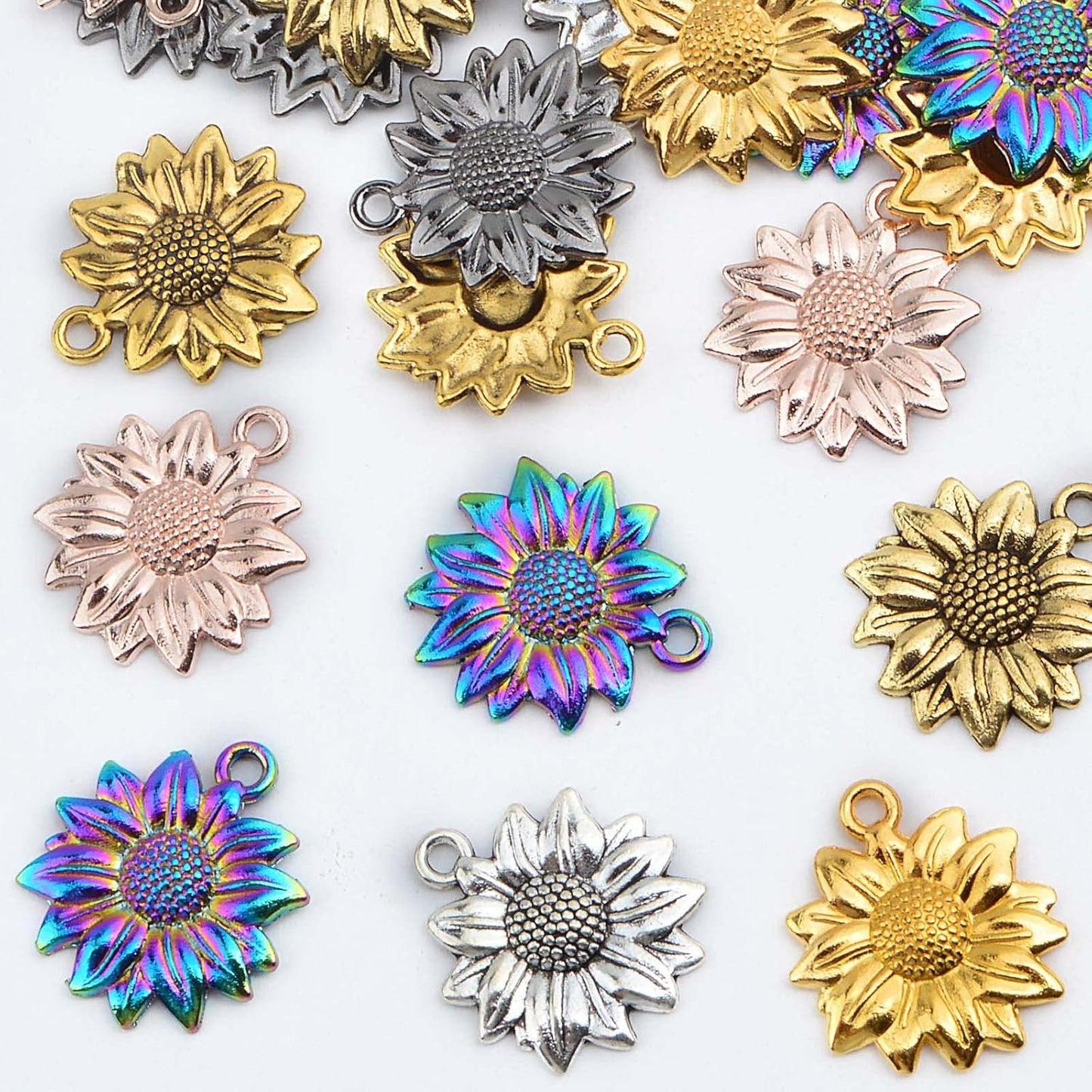 70pcs Sunflower Pendant Charms Tibetan Alloy Sun Flower Bead Dangle Charms Craft Supplies for DIY Earrings Necklace Bracelet Jewelry Making Findings, 7 Colors
