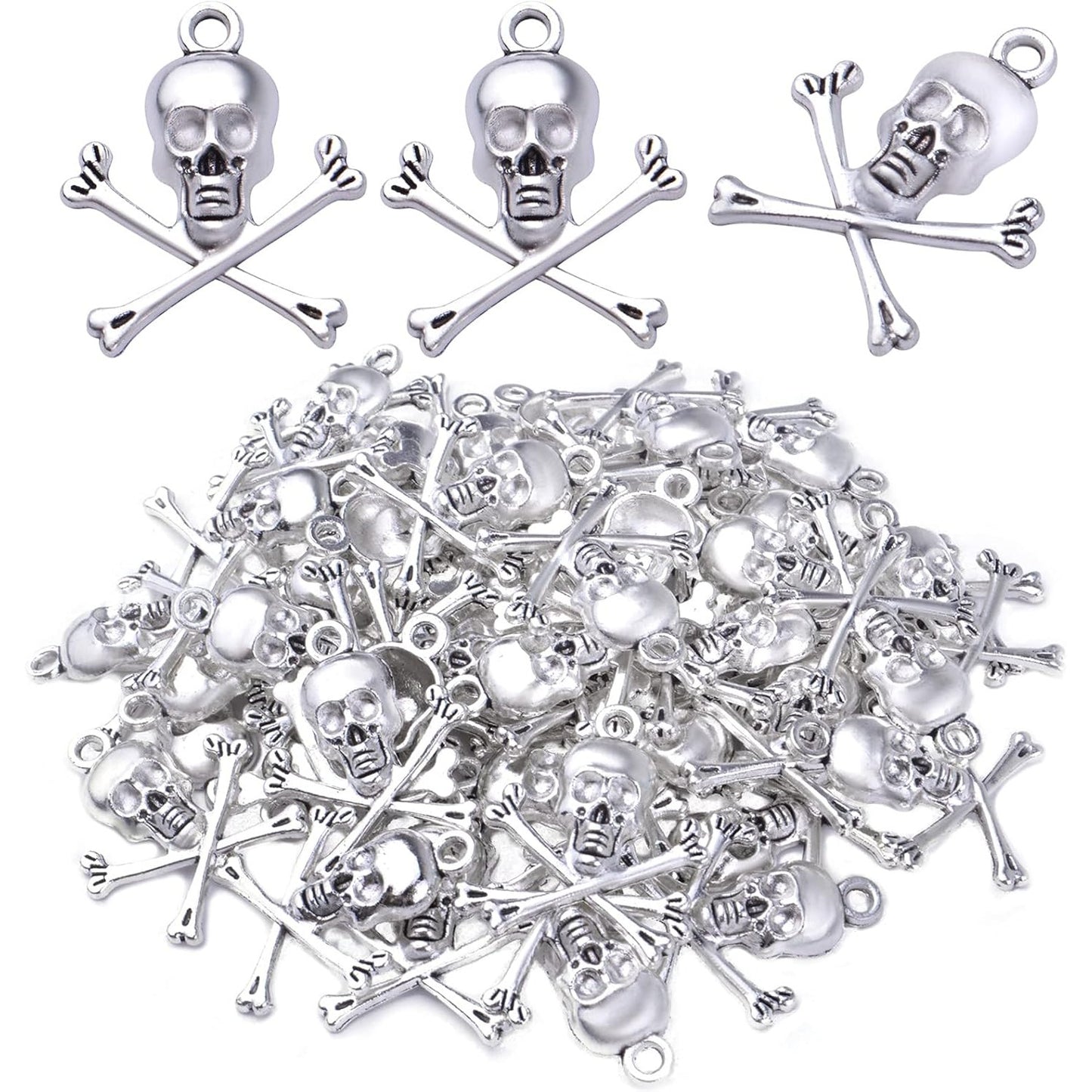 50pcs Skeleton Skull Charms Tibetan Alloy Skull Head Pendants Halloween Theme Charms Jewelry Making Accessories for DIY Necklace Bracelet Earrings Crafts, Antique Silver, 23.5 mm x 19.5 mm
