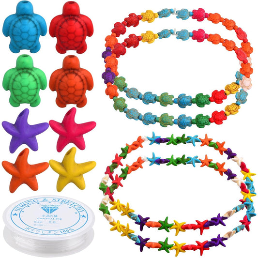 2 Strands Synthetic Turquoise Colorful Sea Turtle Beads and 2 Strands Ocean Animal Starfish Spacer Beads with 1 Roll of Crystal String Cord for DIY Bracelet Crafts Jewelry Making
