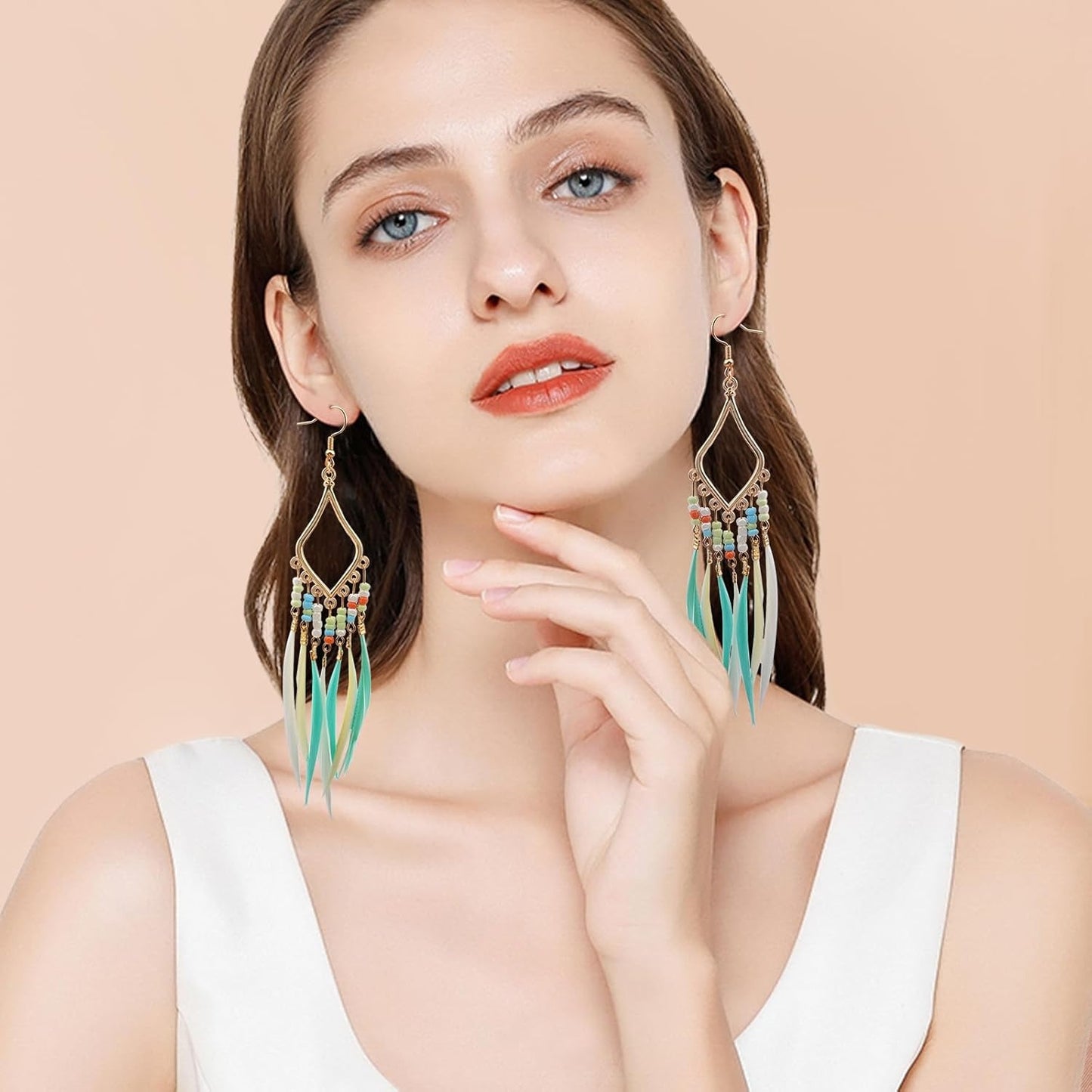 3 Pairs of Bohemian Earrings Set with Feather Tassel, Retro Boho Multicolor Long Fringe Tassels Feather Beaded Dangle Earring Hooks Jewelry for Women