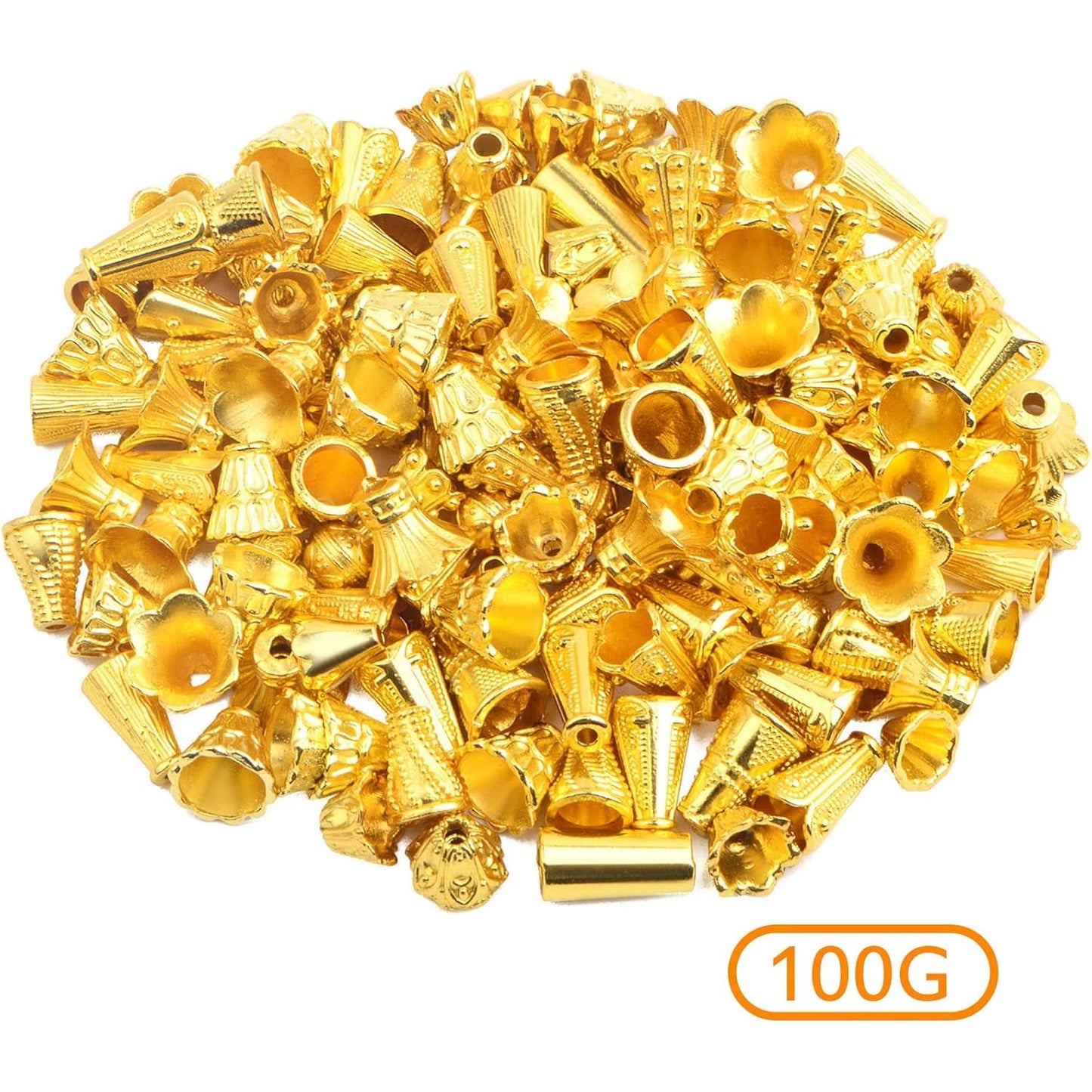 100 Gram (About 110-150pcs) Mixed Flower Spacer Bead Caps Alloy Cone Bead Caps Jewelry Findings Accessories for DIY Bracelet Necklace Tassel Crafts Decor, Bright Golden