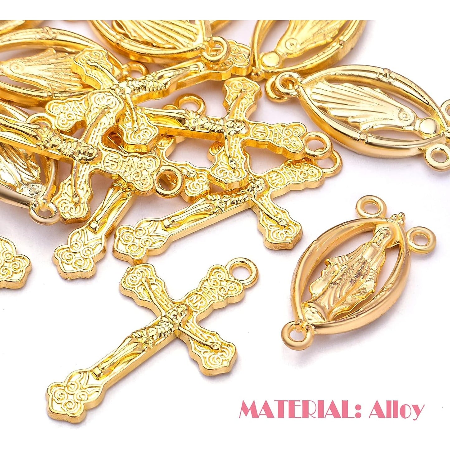 40pcs Gold Plated Rosary Cross and Center Charms Miraculous Medal Pendant Alloy Tibetan Style Jesus Crucifix Cross Pendants Oval Chandelier Links for Rosary Holy Beads Necklace Making