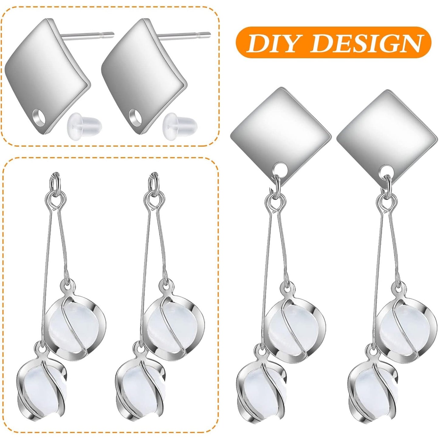 30pcs Stainless Steel Stud Earrings Settings Square Flat Blank Earring Posts Studs with Loop and 30pcs Silicone Bullet Ear Backs Stoppers for DIY Jewelry Making, Silver