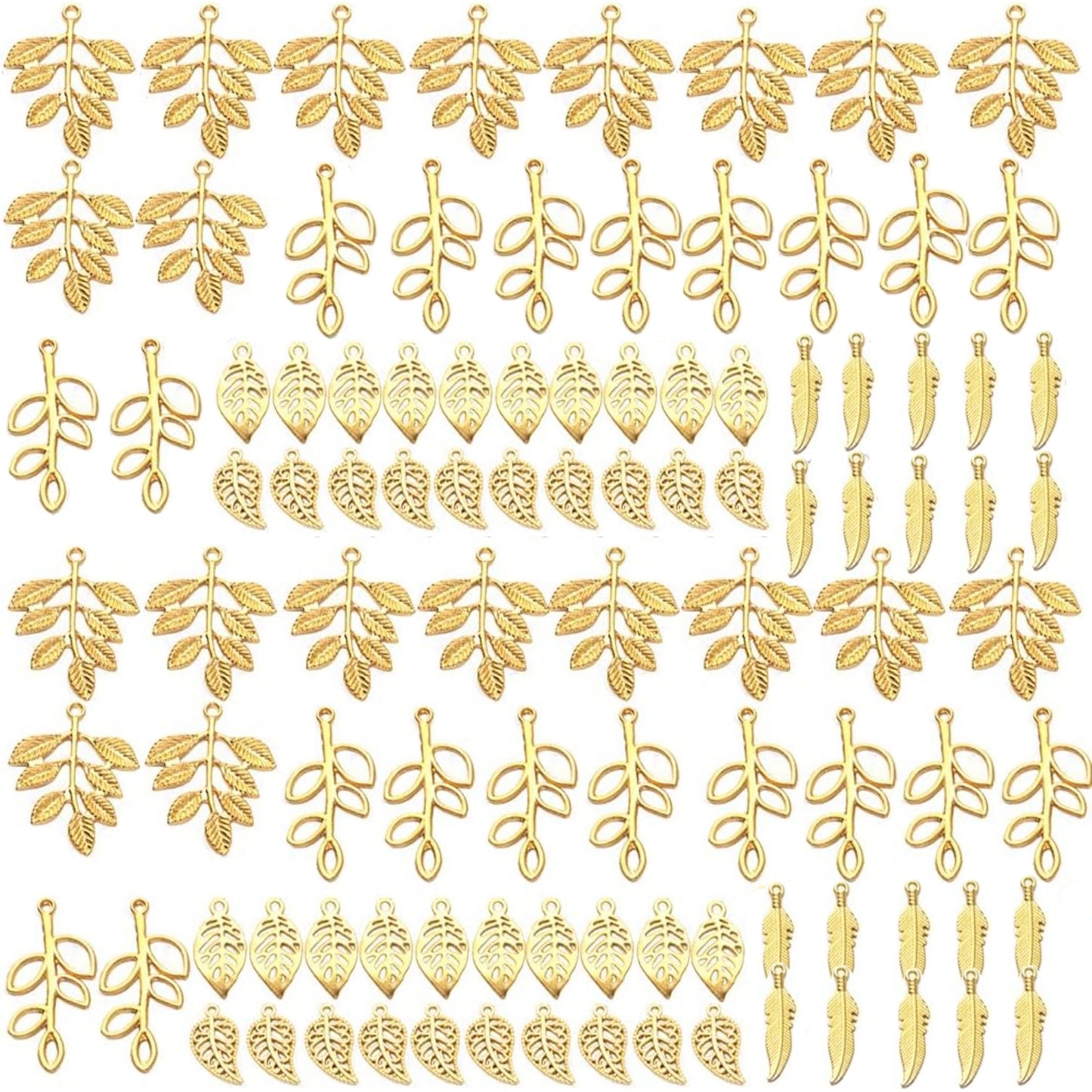 100pcs 5 Styles Tree Leaf Charms Tibetan Alloy Leaves Branch Pendants Vintage Dangle Charms for DIY Earring Necklace Keychains Jewelry Making Accessory, Gold and Antique Silver