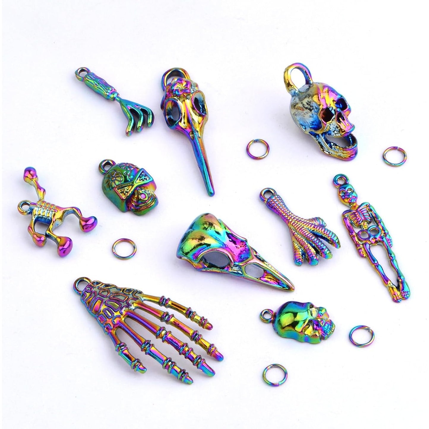 10pcs 10 Styles Rainbow Color Skull Head Charms Collection Alloy Halloween Skeleton Bone Pendants and 10pcs Open Jump Rings for DIY Bracelet Keychains Crafts Jewelry Making