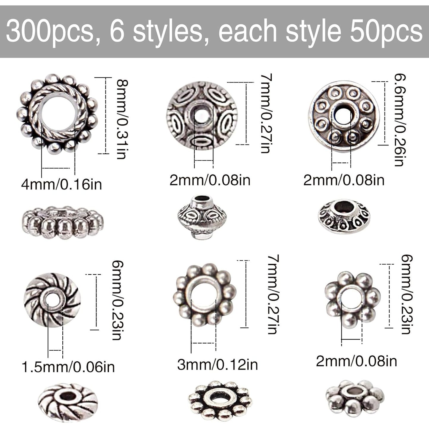 1 Box 300pcs 6 Styles Antique Silver Spacer Beads Tibetan Alloy Flower Charm Loose Bead Small Flat Round Rondelle Spacers Bulk for DIY Crafts Bracelets Earrings Jewelry Making