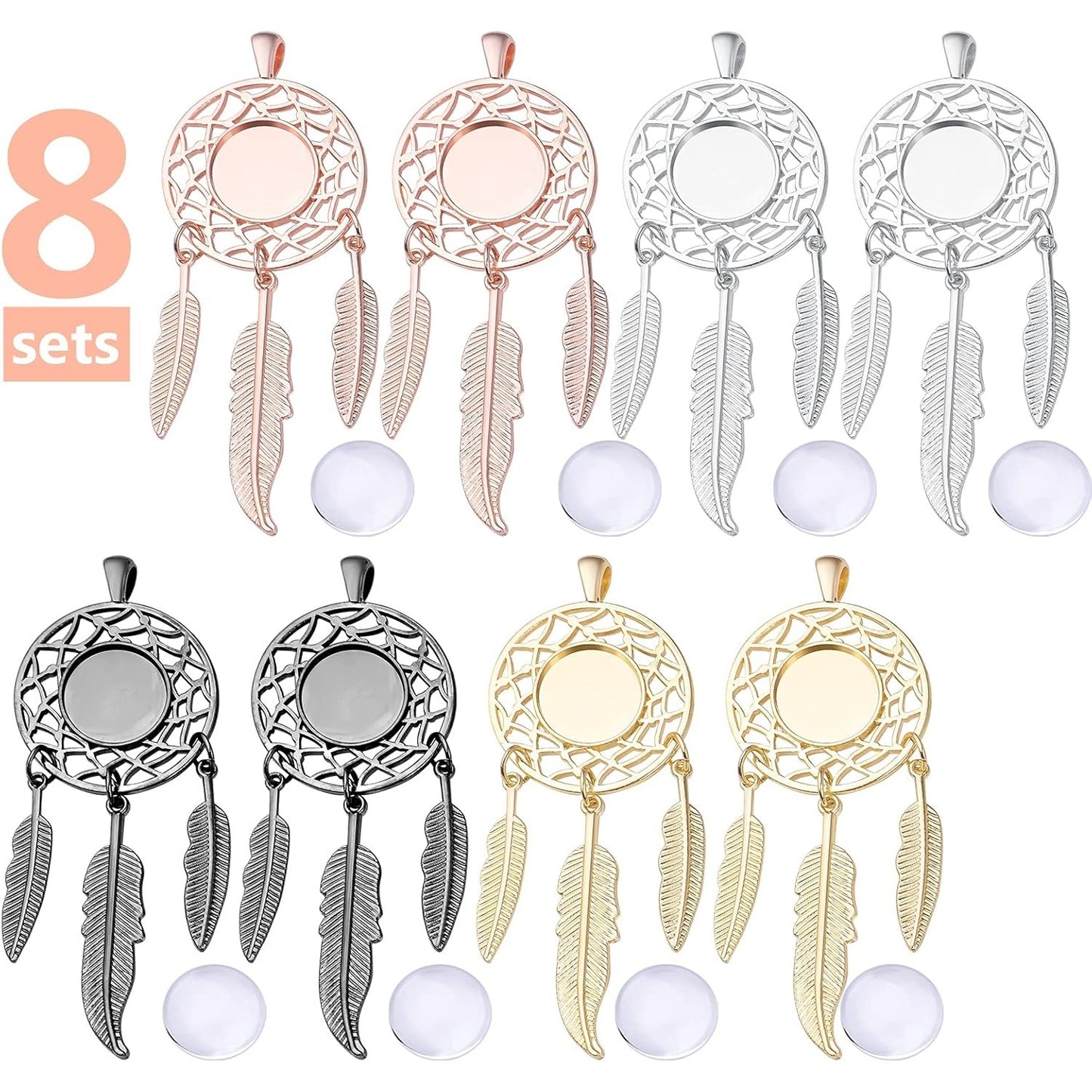 8 Sets Dream Catcher Pendant Trays Dangling Dreamcatcher Charms Feather Filigree Pendants Ornament with Clear Dome Glass Cabochons for DIY Jewelry Making, 4 Colors