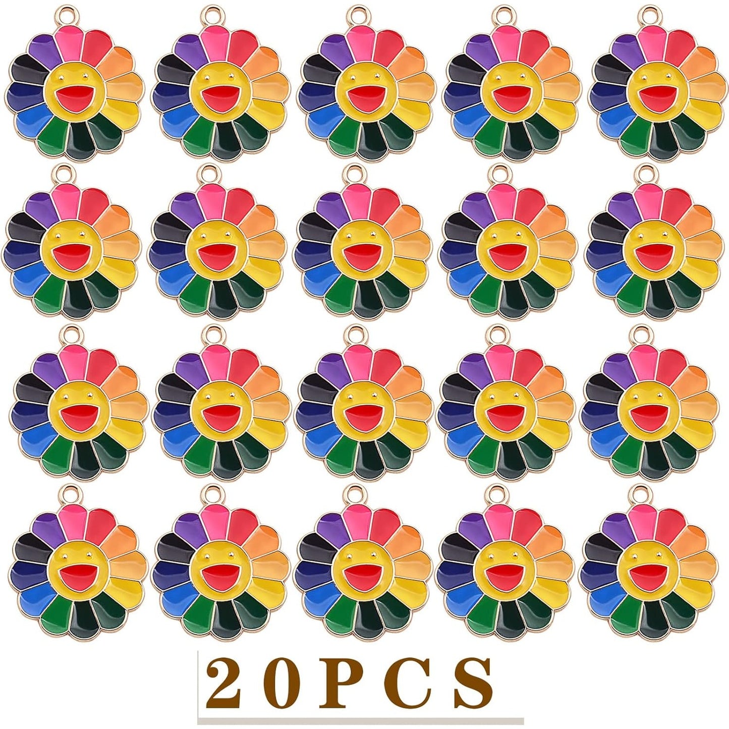 20pcs Alloy Smiley Sunflower Charms Colorful Enamel Smiling Happy Face Pendants Charms Handmade Accessories for DIY Jewelry Making Craft Supplies, 29 mm x 25 mm x 1.3 mm