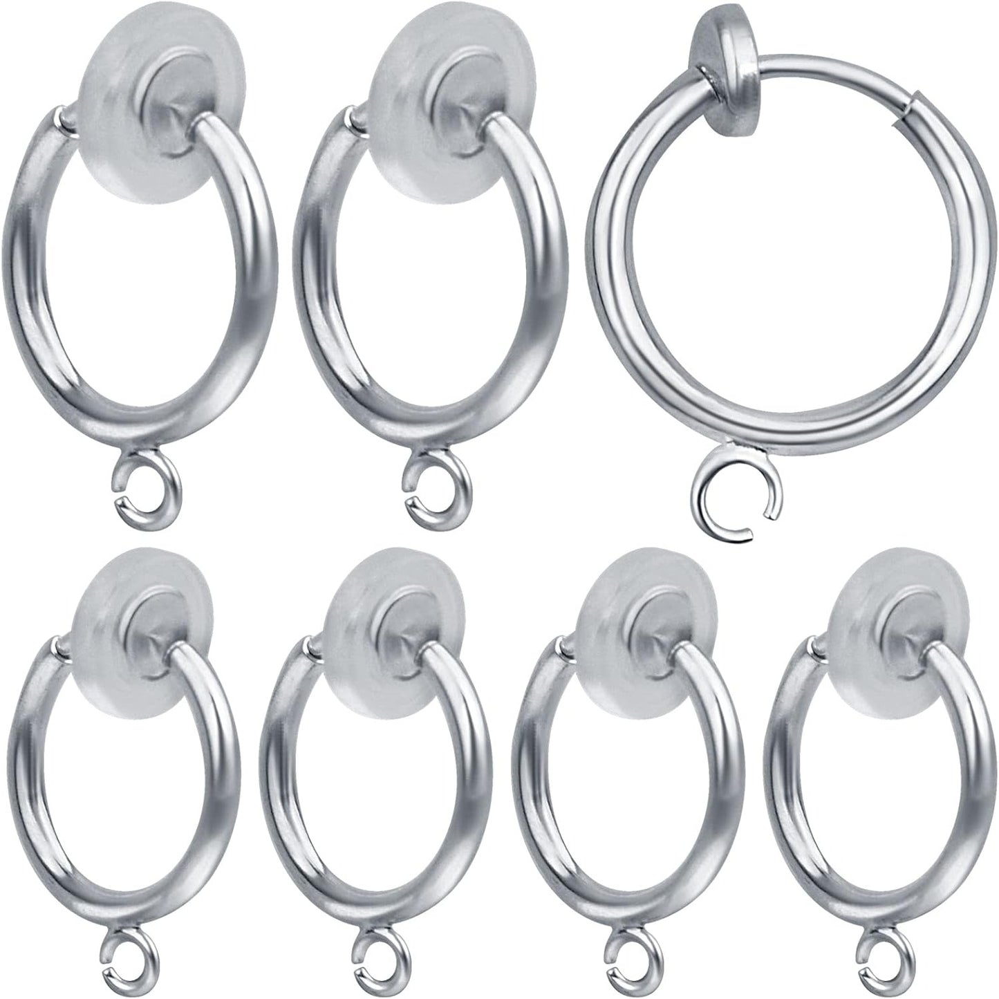16pcs Brass Clip-on Hoop Earring Converters Round Dangle Ear Clips Classic Earring Findings with Open Loop for Non-Pierced Ears Jewelry Making, Bright Silver