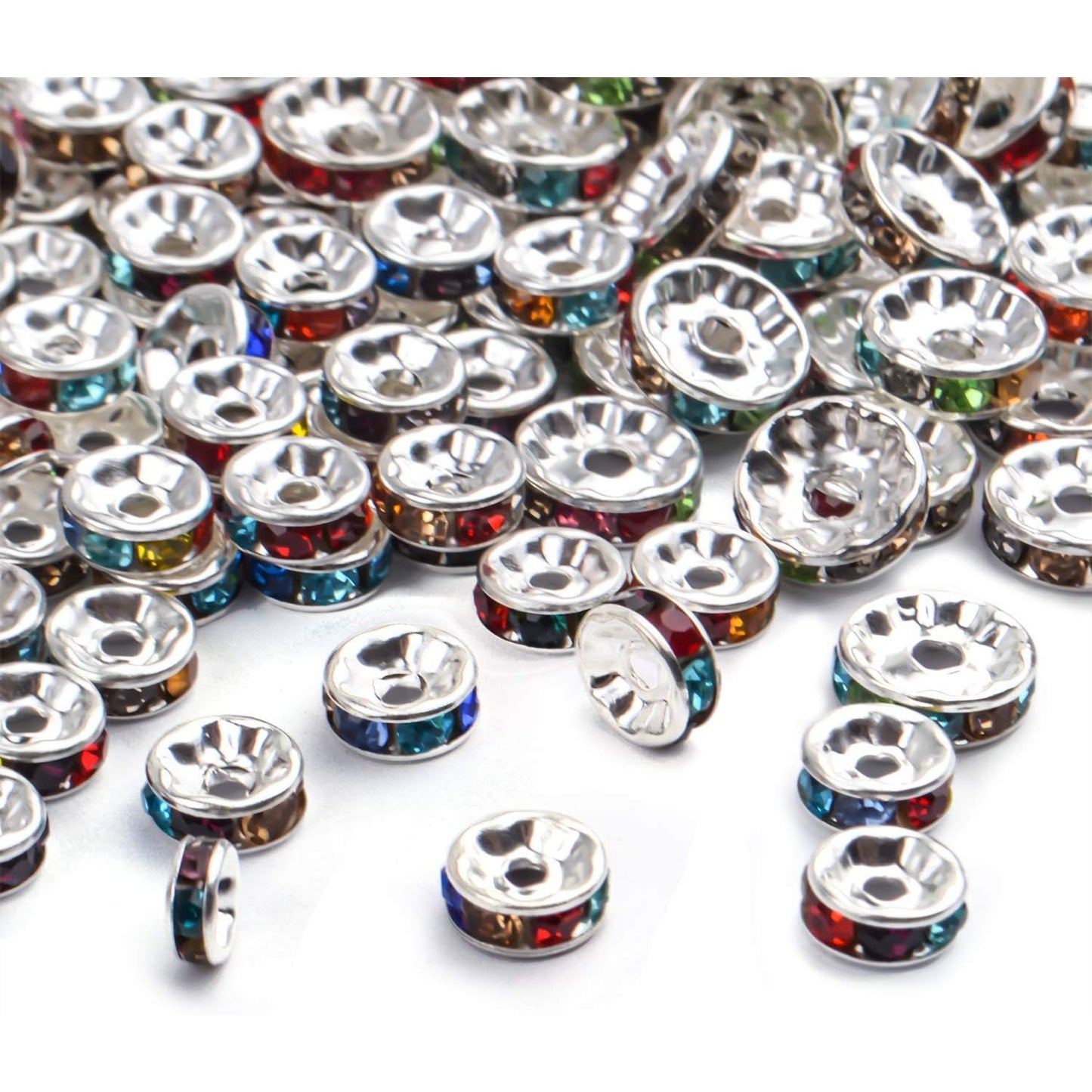 300pcs Multicolor Rhinestone Spacer Beads Mixed Crystal Rondelle Beads for Bracelets Necklaces Jewelry Making,6mm/8mm/10mm,Silver