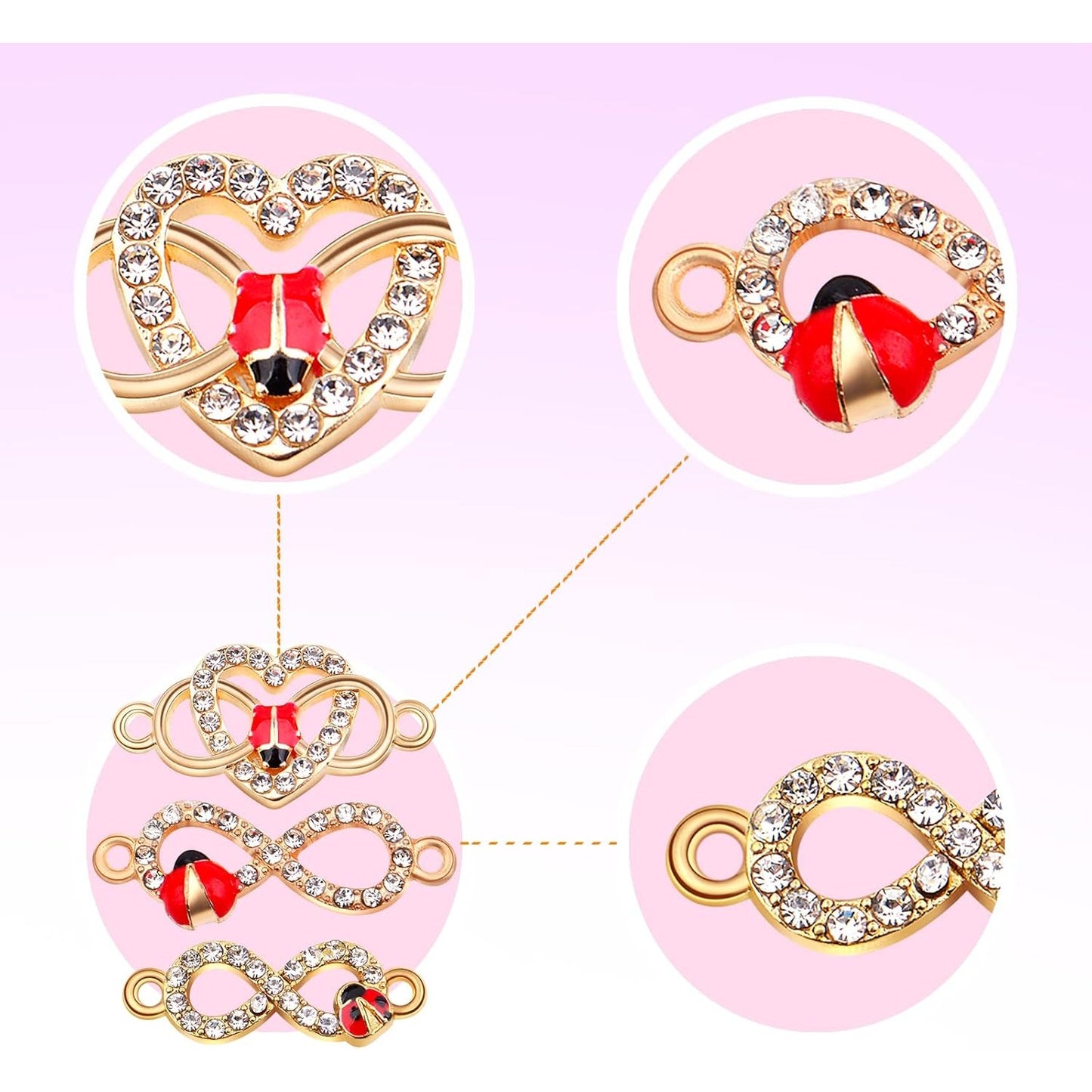 30pcs Infinity Symbol Connector Charms Alloy 8 Character Rhinestone Ladybug Flying Insect Pendant Links Jewelry Findings DIY Bracelet Necklace Keychain Crafts Decor, 3 Styles