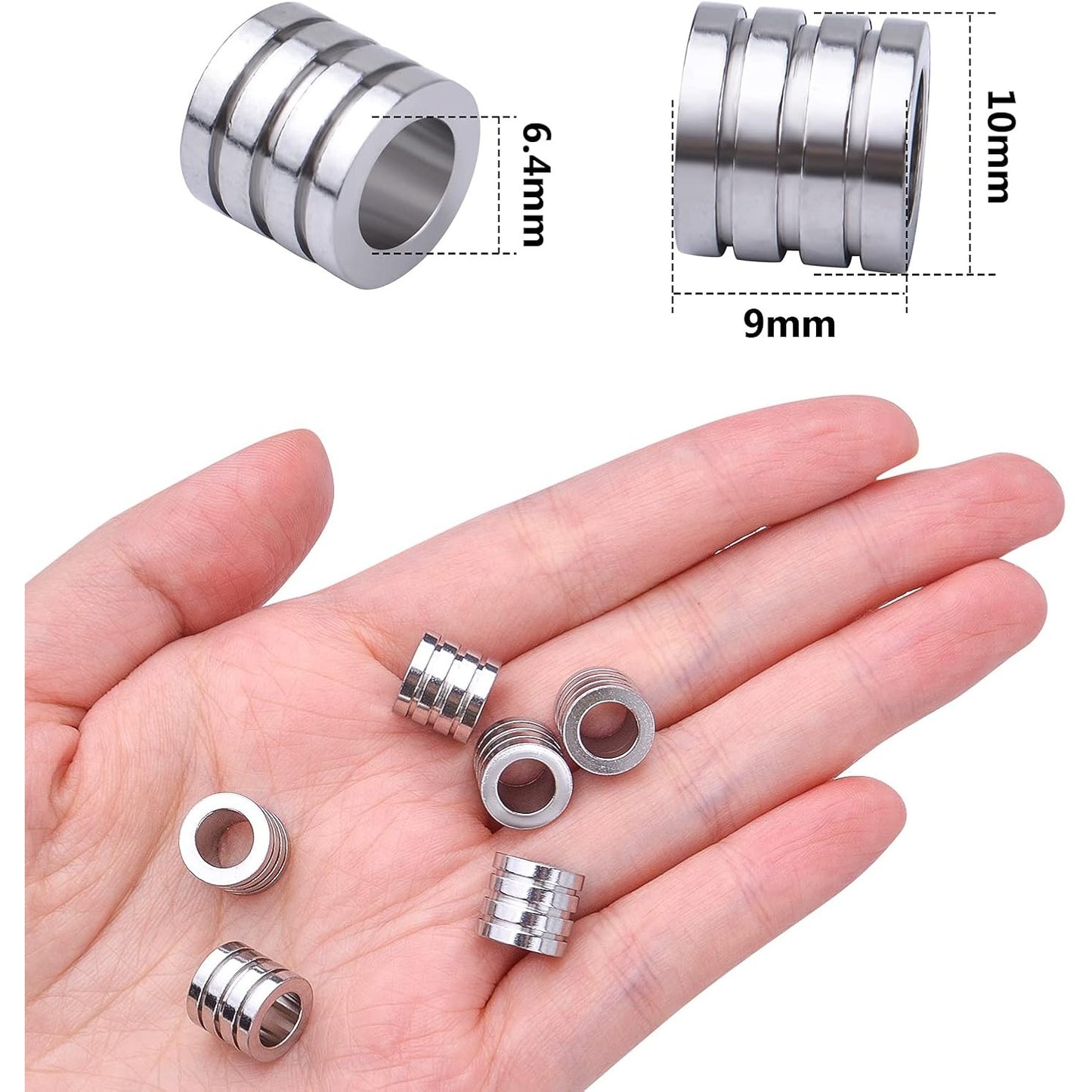 20pcs Stainless Steel Spacer Beads Grooved Column Beads Tube Spacers with 6.4mm Large Hole for DIY European Bracelet Necklace Jewelry Making Accessories