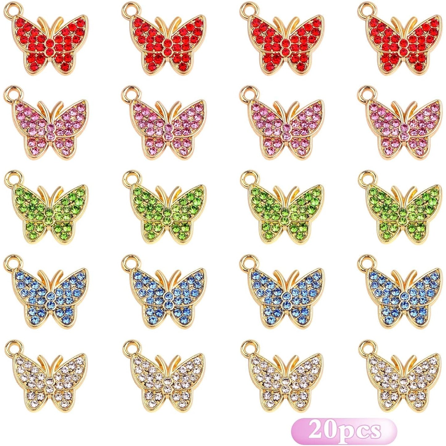 20pcs Butterfly Charms with Shiny Rhinestone Alloy Crystal Butterfly Dangle Pendants Craft Supplies for DIY Bracelet Necklace Earring Jewelry Making Findings, 5 Colors