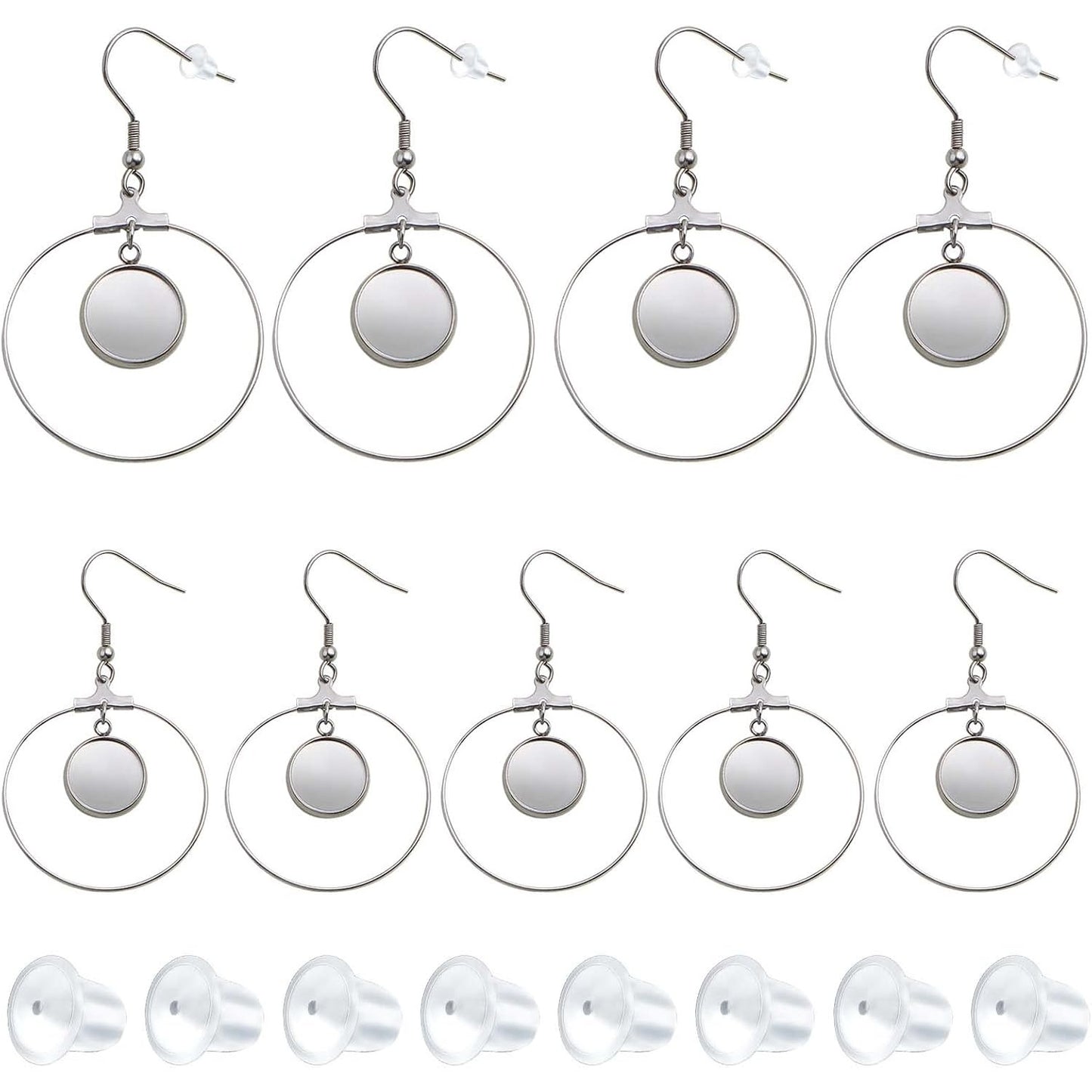 20pcs 12mm Stainless Steel Earring Bezel Trays Hypoallergenic French Ear Wire Hooks Earring Blank Bezels with 20pcs Clear Earring Safety Backs for DIY Dangle Jewelry Making Supplies