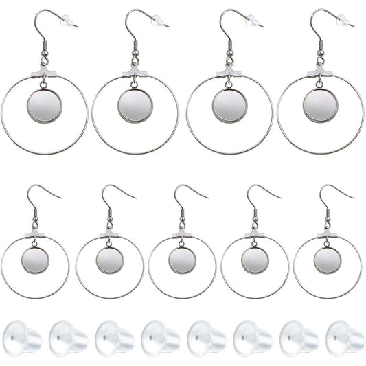 20pcs 12mm Stainless Steel Earring Bezel Trays Hypoallergenic French Ear Wire Hooks Earring Blank Bezels with 20pcs Clear Earring Safety Backs for DIY Dangle Jewelry Making Supplies