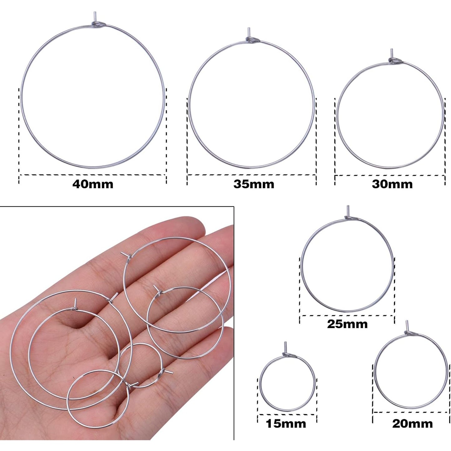 60pcs 6 Sizes Wine Glass Charms Rings Stainless Steel Beading Hoop Rings Ear Wines Open Earring Hoops for DIY Jewelry Craft Making Party Festival Favors