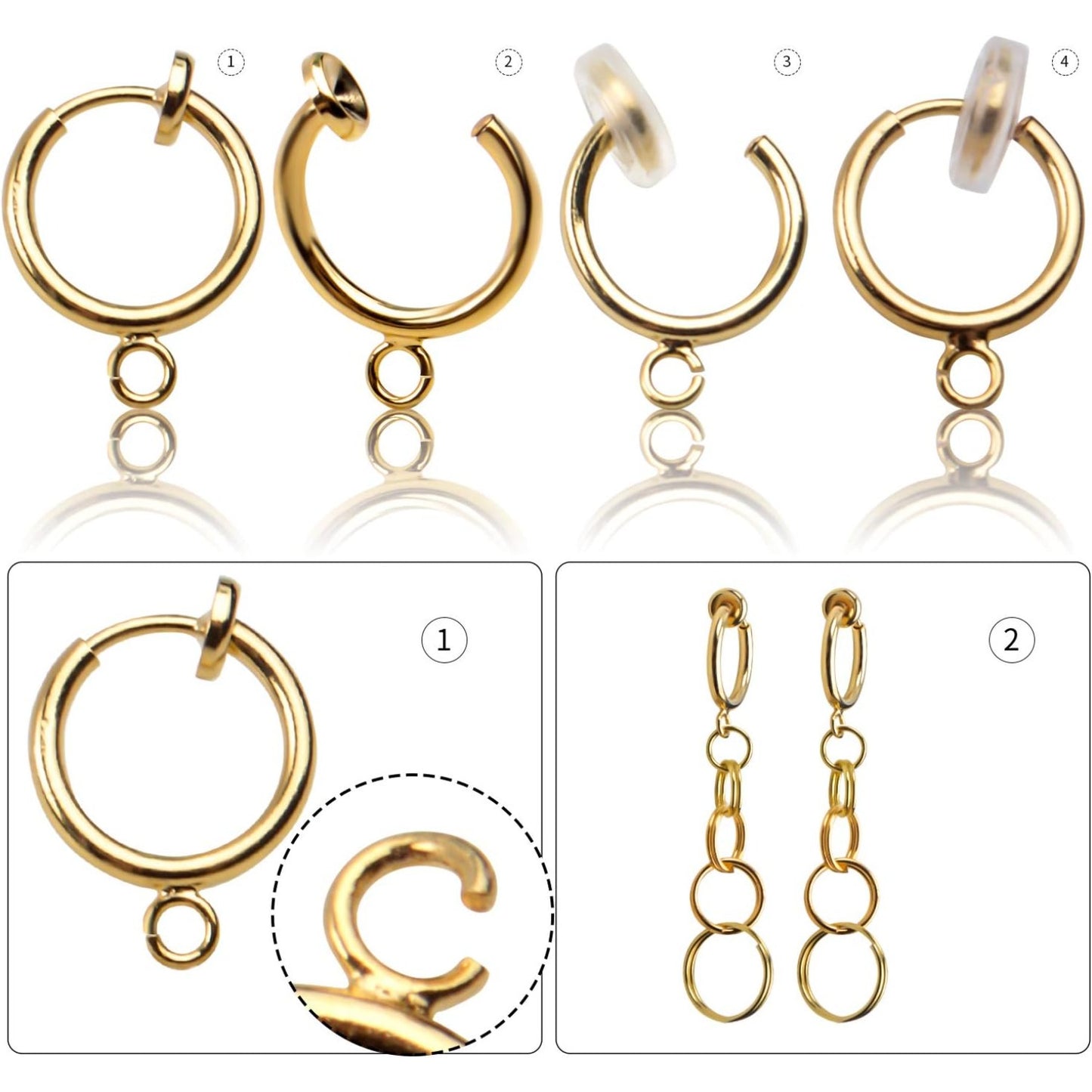 16pcs Brass Clip-on Hoop Earring Converters Round Dangle Ear Clips Classic Earring Findings with Open Loop for Non-Pierced Ears Jewelry Making, Bright Silver
