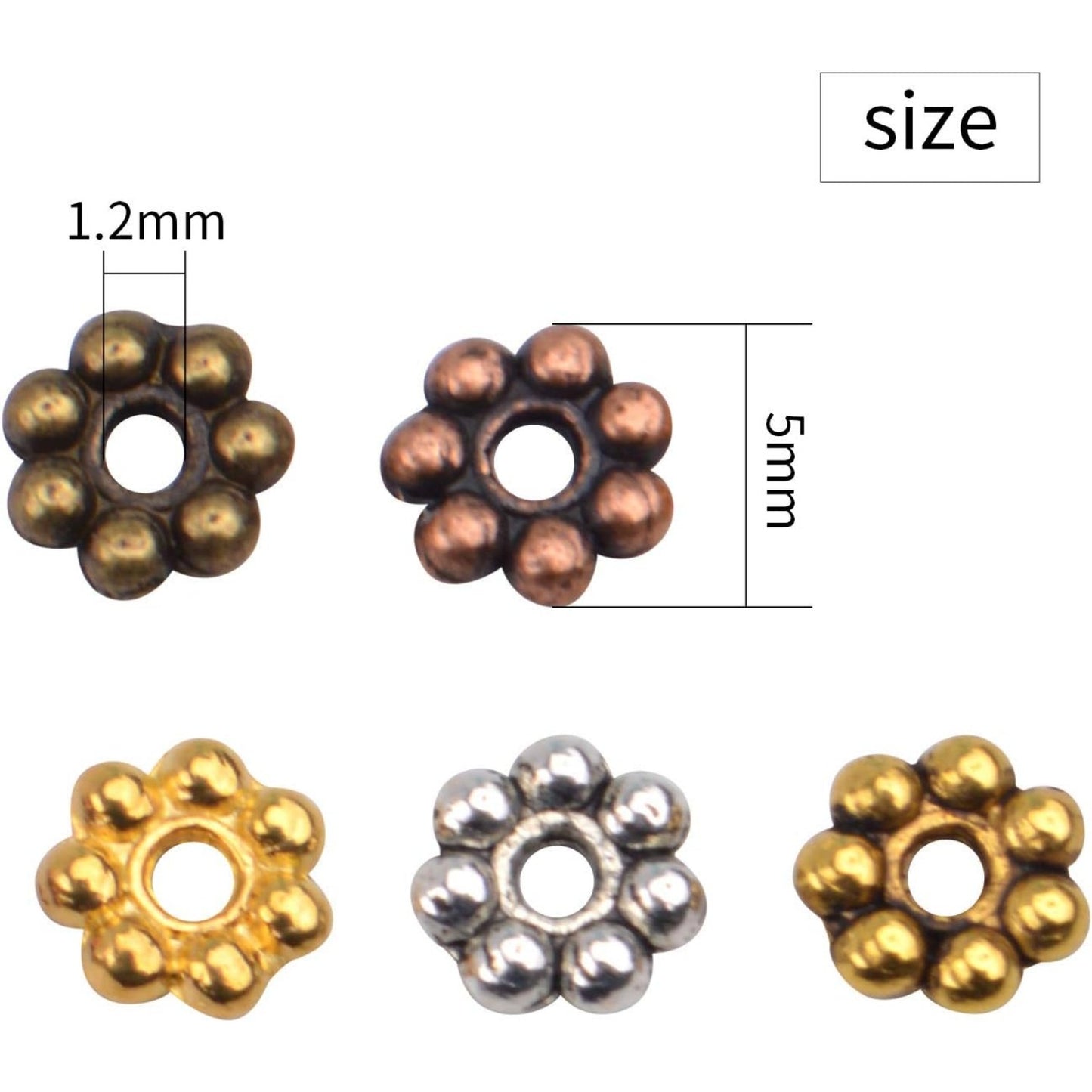 BronaGrand 500pcs Metal Daisy Spacer Beads 5mm for DIY Jewelry Making (5 Colors)