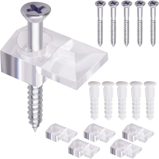 Mirror Panel Clips,20 Pack Plastic Mirror Holder Clips Transparent Mirror Retainer Clips Wall Mount Bracket Tool Kit with Screw and Anchor for Fixing Mirror Cabinet Door