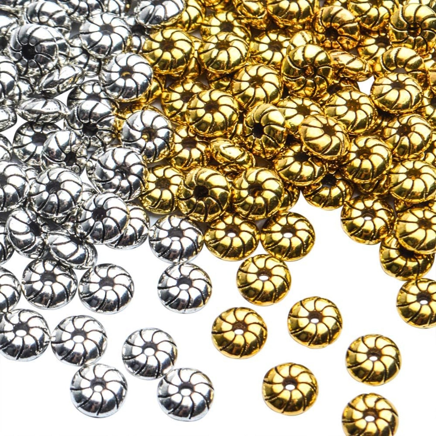 Flat Round Spacer Beads, 200pcs 6mm Tibetan Alloy Spacer Beads Flat Round Spacer Beads Jewelry Findings Accessories for Bracelet Necklace Jewelry Making, Antique Golden and Antique Silver