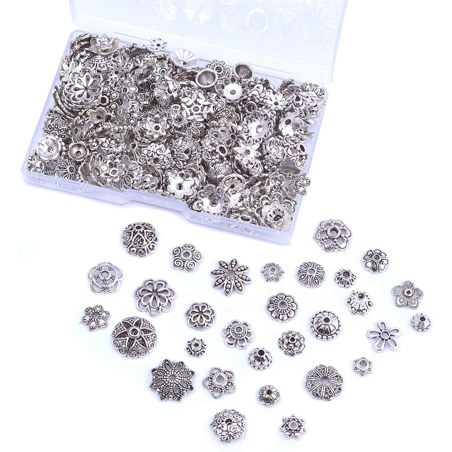 120g Bead Caps with A Clear Storage Box, Tibetan Silver Beads Spacers Jewelry Findings Accessories for Jewelry Making 300-350 Pieces