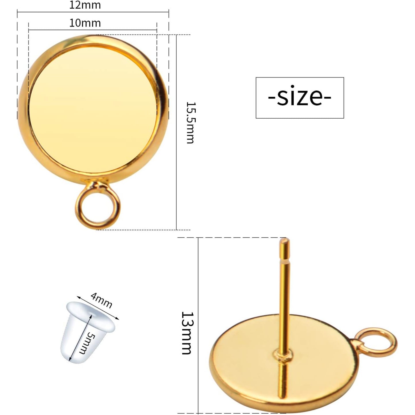 20 Pieces Cabochon Blank Earring Studs 10mm Ear Post and 20 Pieces Silicone Clear Ear Back for Earring Making (Gold)