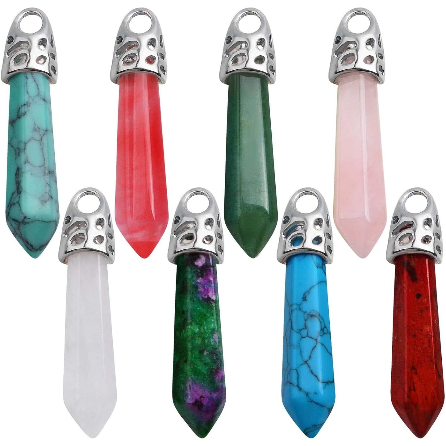 8pcs Bullet-Shaped Crystal Gemstone Charms Hexagonal Natural Stone Healing Pointed Chakra Stone Pendants for DIY Necklace Jewelry Making Valentine's Gifts, 8 Colors