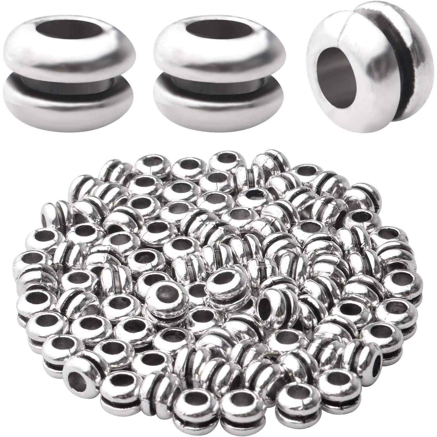 100pcs Antique Silver Spacers Beads Alloy Round Bead Spacers Loose Beads Large Hole Spacer Beads Charms for Bracelet Necklace DIY Jewelry Making