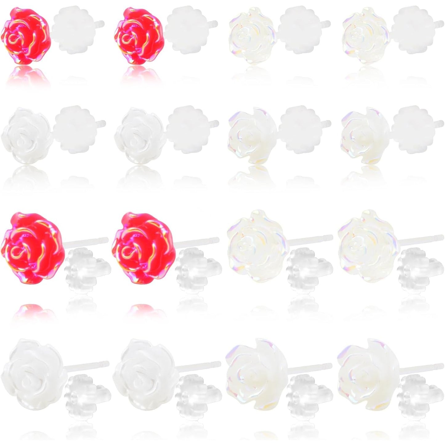 8 Pairs 4 Colors Resin Rose Flower Stud Earrings Romantic Rose Shaped Earring Pin Posts with Soft Earring Backs for Sensitive Ears DIY Jewelry Making Supplies, 6 mm/8 mm