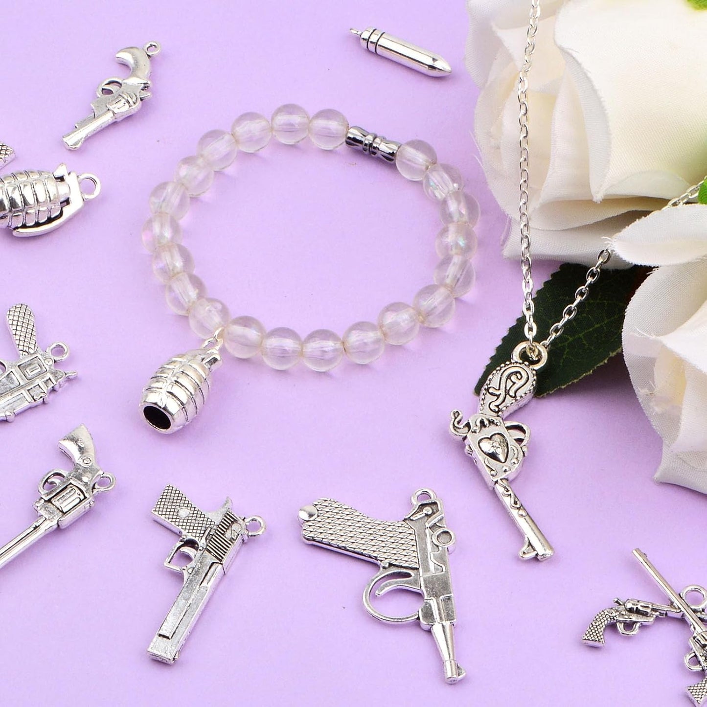 Gun Charms Collection, 100 Gram Antique Silver Mixed Pistol Gun Weapon Bullet Pendant Charms with a Box for DIY Necklace Bracelet Keychains Jewelry Making Supplies