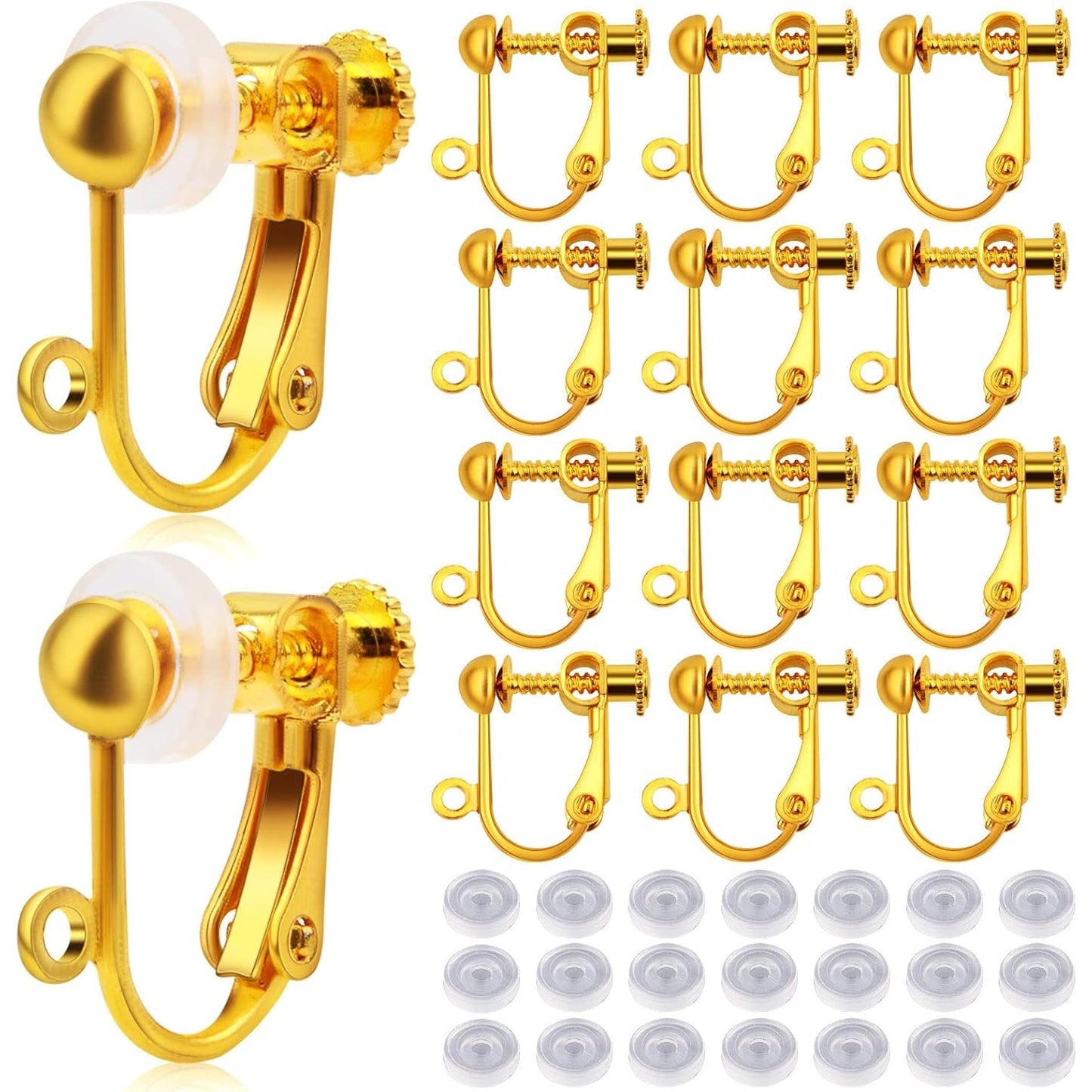 24pcs Golden Clip-on Earring Findings Components Brass Screw Back Ear Wire Earring Converters with Easy Open Loop and 24pcs Soft Earring Cushions Pads for Non Pierced Ears